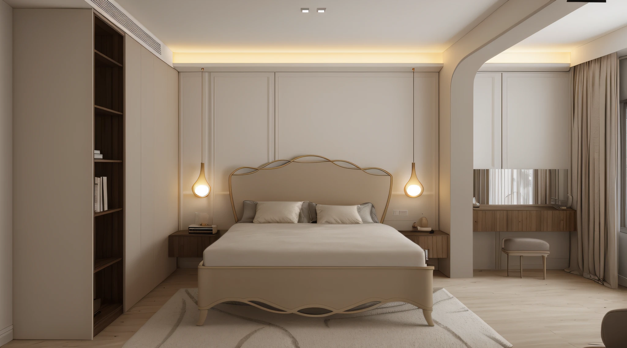 The room has a bed with a headboard and a bedside table, cream - colored room, Bed room, rendered in vray, vray rendered, Render in Vray, elegant render, Rendered in V-Ray, well lit 3 d render, rendered in povray, rendered in 3 dsmax, rendered lighting, un made bed,Matte oak hardwood floors