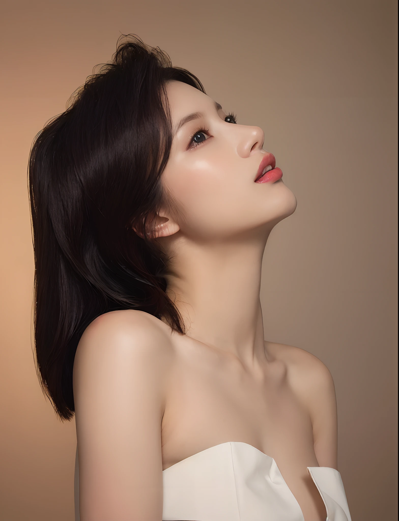 masutepiece, Best quality, illustration, Ultra-detailed, finedetail, A high resolution, 8K wallpaper, blazing, No makeup, Skin clarity, Beautiful detailed eyes, White cloth, Sexy face, (Open mouth:0.8), There is a harsh white light on the background,1girll, Solo,Beautiful detailed eyes, Looking up, Realistic, Black hair, Simple background, Bare shoulders, parted lip, Long hair, Upper body, No shoulder strap, Lips,