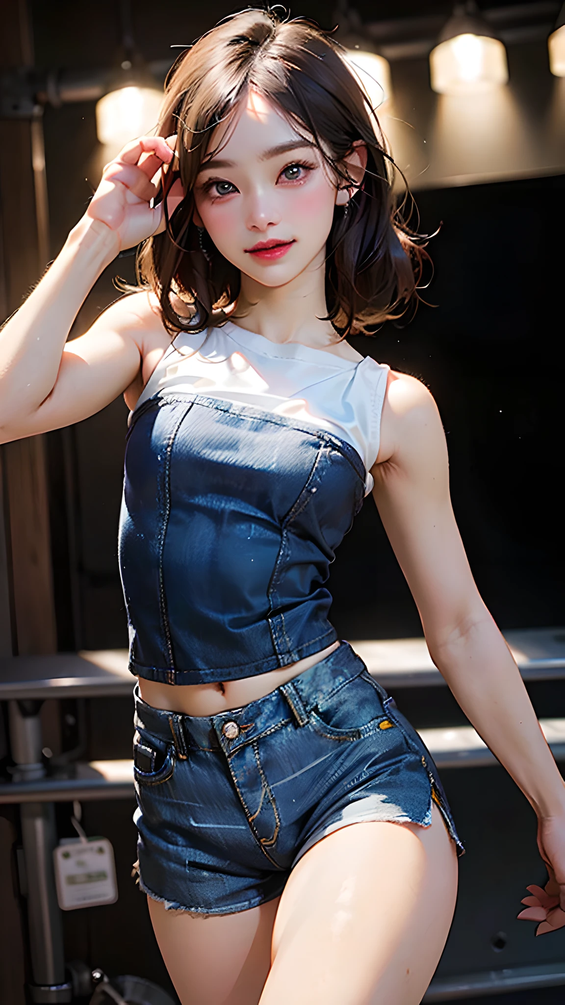 (Excellent photo of a beautiful Japanese Lady),
((highly detailed, best quality)),(photorealistic:1.2),8k,(high resolution),(depth of field:1.2),(character focus),perfect anatomy,(professional lighting),
(1girl),(young),(arm up),
looking at viewer,(walking),
((beautiful detailed eyes)),(narrow face:1.2),thick eyebrows,(falling eyebrows),(tareme:1.2),(blue eyeshadow),big eyes,(brown eyes:1.3),
(smiling),blush,(super detailed skin),
(parted lips:1.1),(plump lips:1.2),(glossy lips),(lipstick)
braid,(black medium hair),(pulled back hair),((wide forehead)),(slender:1.2),
(ideal ratio body proportions:1.1),(tall body:1.2),attractive thighs,attractive waist circumference,
(flat chest:1.35), (nipples visible through clothes),(muscular:1.25),(skin-tight clothes:1.3),
(high-cut denim shorts:1.4),(white tube top:1.3),(pubic hair:1.6),(crotch bulge:1.45),
street,