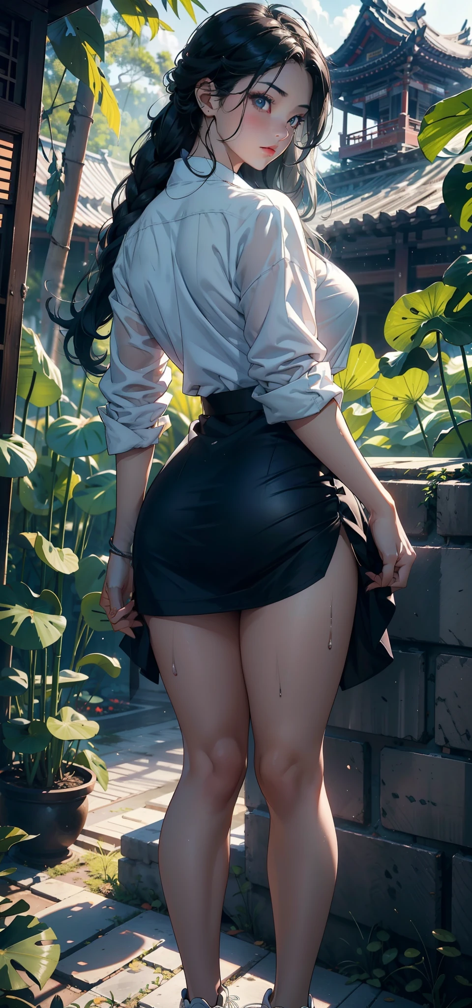 1female，35yo，熟妇，long leges，Big breasts Thin waist，Slim，huge-breasted ，Pornographic exposure， 独奏，（Background with：bamboo forrest，lotuses，lotus flower，exteriors，Lotus pond） She has short silver-white hair，standing on your feet，Sweat profusely，drenched all over the body，seen from the front， hair straight， mostly cloudy sky，（（（tmasterpiece），（Very detailed CG unity 8K wallpaper），best qualtiy，cinmatic lighting，detailed back ground，beatiful detailed eyes，Bright pupils，Black eyes，（Very fine and beautiful），（Beautiful and detailed eye description），ultra - detailed，tmasterpiece，）），facing at camera，A high resolution，ultra - detailed），revealing breasts，Bare genitalia，  Bulge，legs are open，Raised sexy，Camel toes，Flushed complexion，Open-mouthed，frontage，high school senior，（Wearing：Ancient Chinese school uniform，Blue loose shirt，Sexy black miniskirt，athletic sneakers）Full body photo，Show shoes
