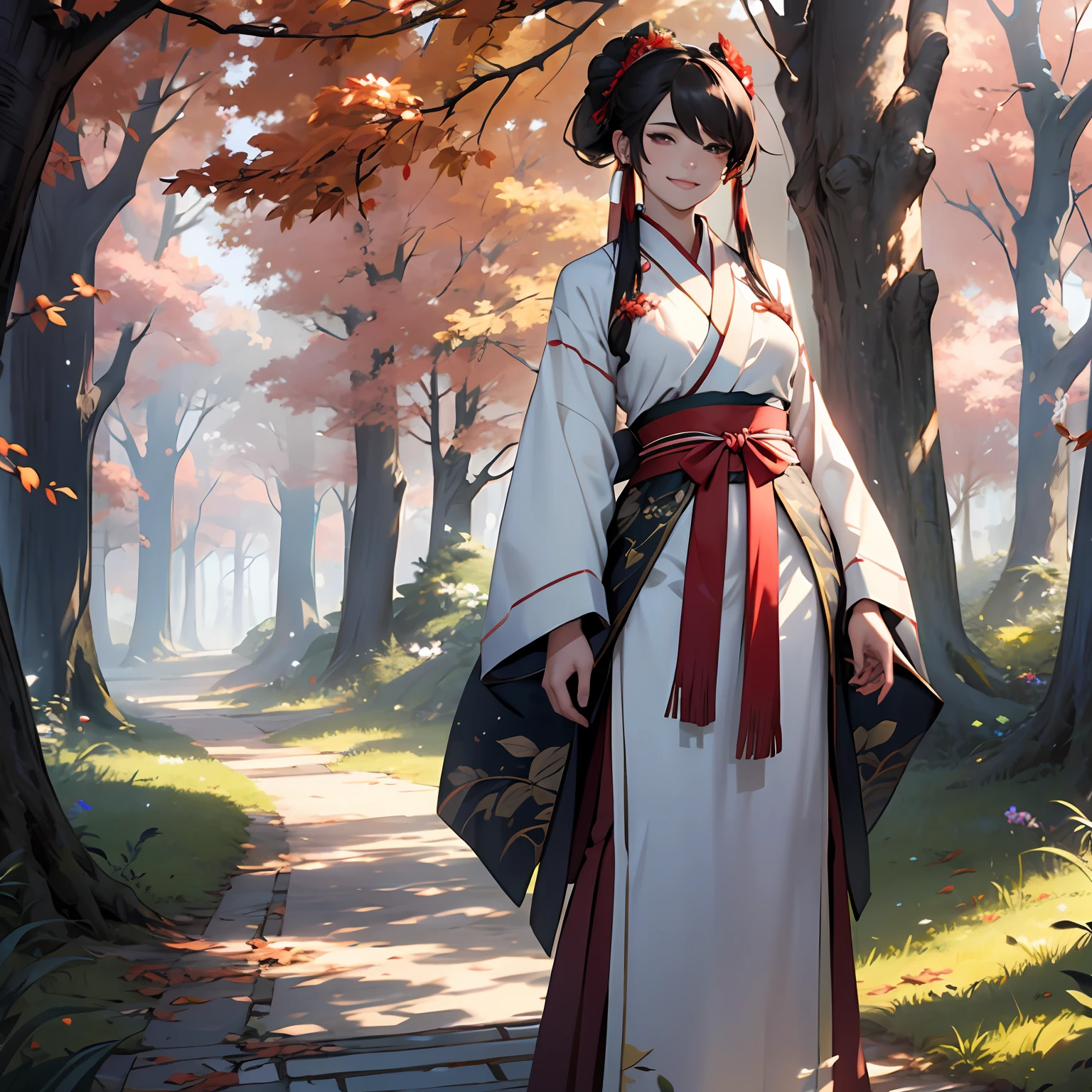 Uma mulher, (feminina), usa Hanfu vermelho, bonita, um sorriso malicioso, cabelo branco longo, seios grandes, voluptuosos, Hanfu, antigo, fundo da corte, standing on her feet, corpo inteiro, showing off with a whip in his hands from under a large tree
