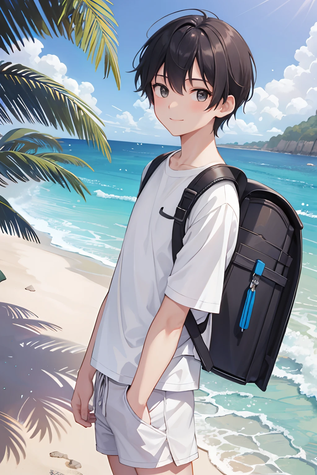 masterpiece, best quality, high resolution, extremely detailed, detailed background, cinematic lighting, 1boy, young man, looking at viewer, beach, white t-shirt, boxer shortpants , smile, wearing  backpack, (backpack:1.0), travel backpack, standing, fullbody, day, sunlight