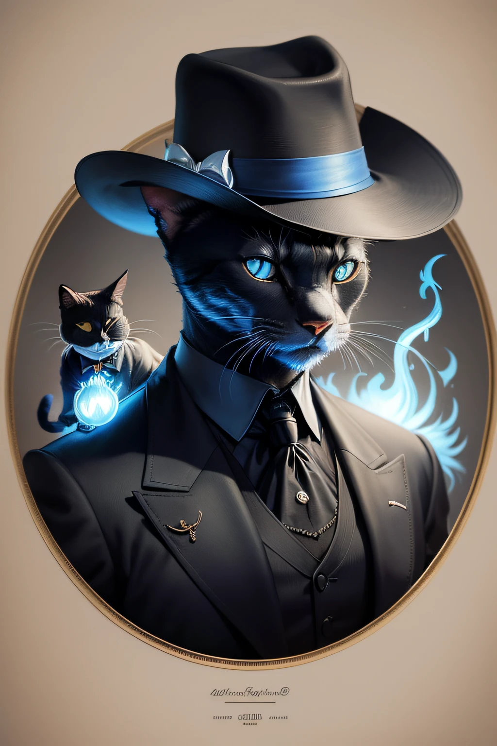 black cats，Pan，Hat，monocle，ssmile，Carrying a blue flame knife on his back，Suits，sideface，head portrait，Non-human，critters，feline face，Cat anthropomorphic，pencil drawing，Draw a sense of paper