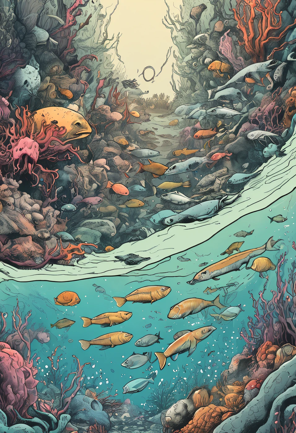 Eschatological, Abandoned, ocean floor,abyssal,Nuclear contamination,jpn,Underwater world,An underwater world contaminated by nuclear sewage,Polluted oceans,Floating rotten fish dead shrimp,Radiant mutated octopus,Mutant fish,A dying dolphin,Turbid sewage,Poor sea creatures,Mutations in marine biogenes,Radioactive material,Messy,helpless,Dark colors,epic realistic,Ultra-high detail,Photographic lenses,Faint sunlight shines from above the bottom of the water,
