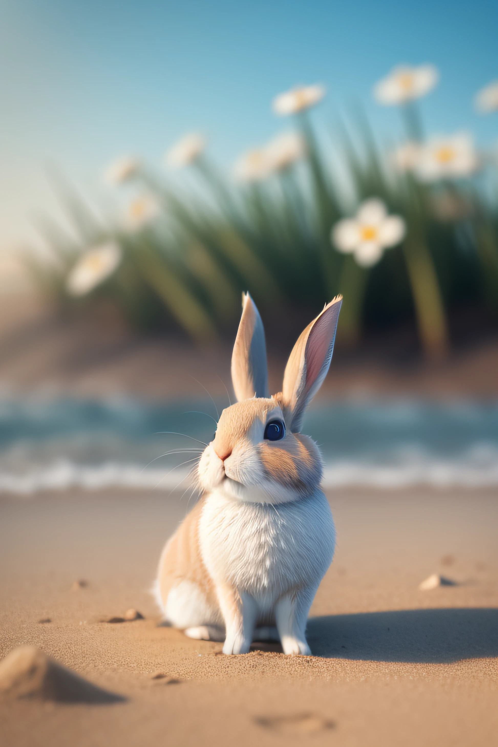 Close-up photo of a little rabbit lying on the beach,Macro,clean backdrop,depth of fields,largeaperture,photography of,volume fog,Halo,blooms,Dramatic atmosphere,Sunny morning