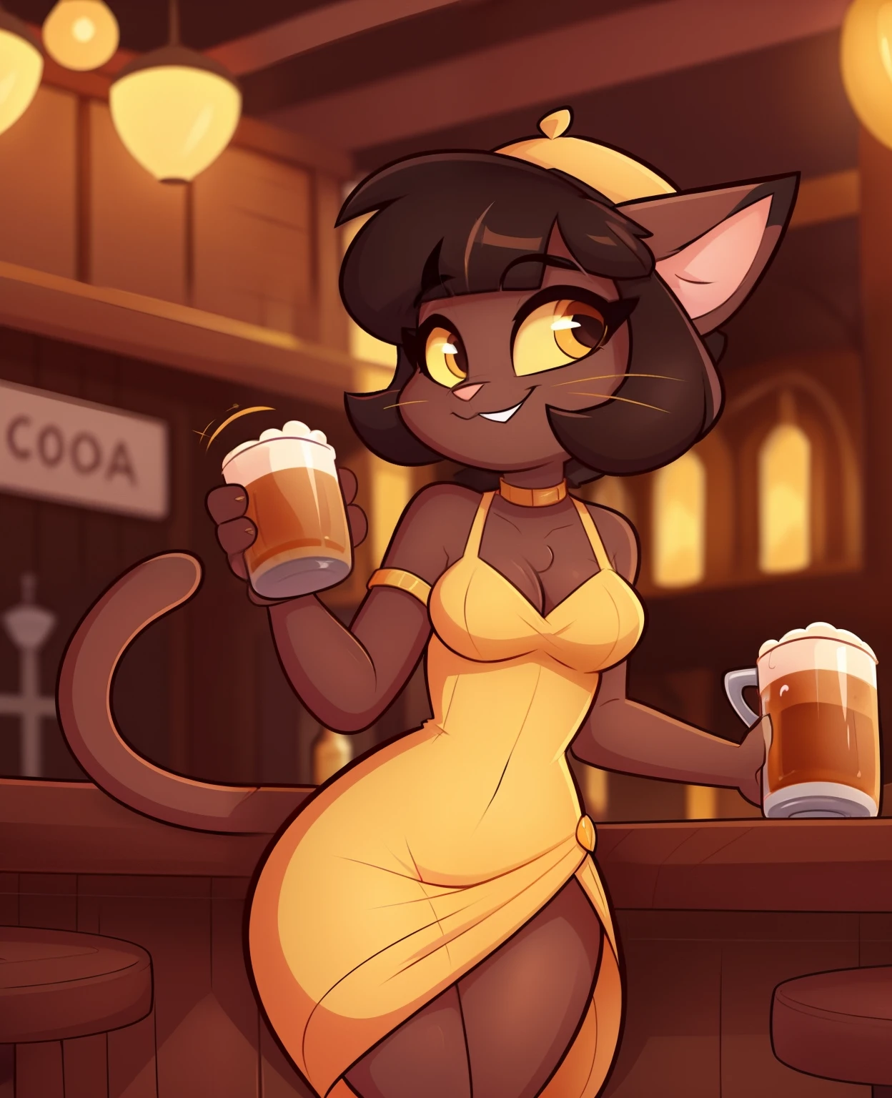 yellow/golden anthro cat girl, tired, smile freckles, 2 antennas, with a black bra and 2 red suspenders with red pants, in bar, holding beer bottle, profile picture photo