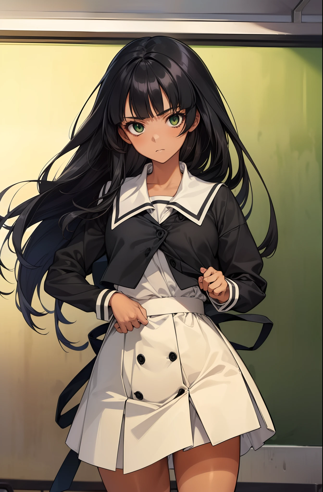 solo, (((anime girl with straight black hair))), (((with tan skin))), (((delinquent))), (((straight hair))), (((concave bangs))), (blank green eyes), (((neutral face))), ((blank facial expression)), school uniform, skirt, shadows over eyes, ((classroom in background)), ((high quality)), (extremely detailed)