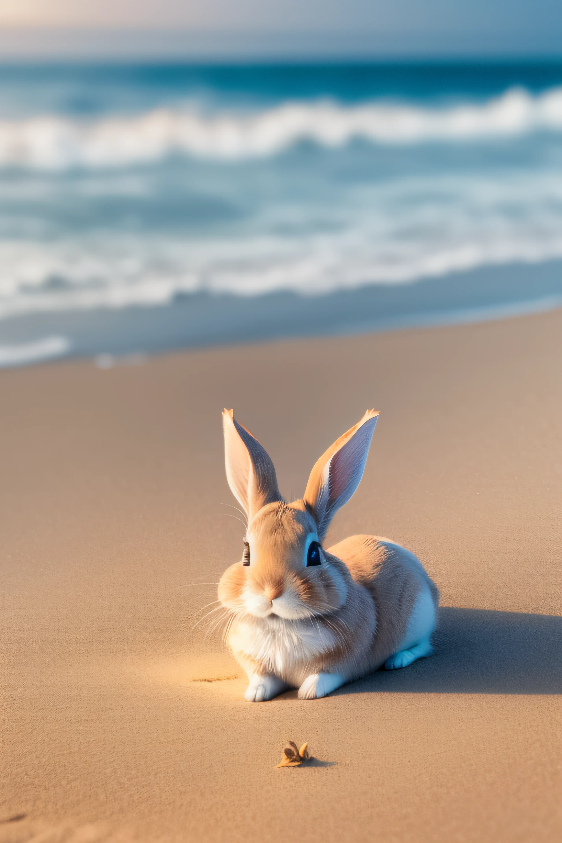 Close-up photo of a little rabbit lying on the beach，Macro，clean backdrop，depth of fields，largeaperture，photography of，volume fog，Halo，blooms，Dramatic atmosphere，Sunny morning