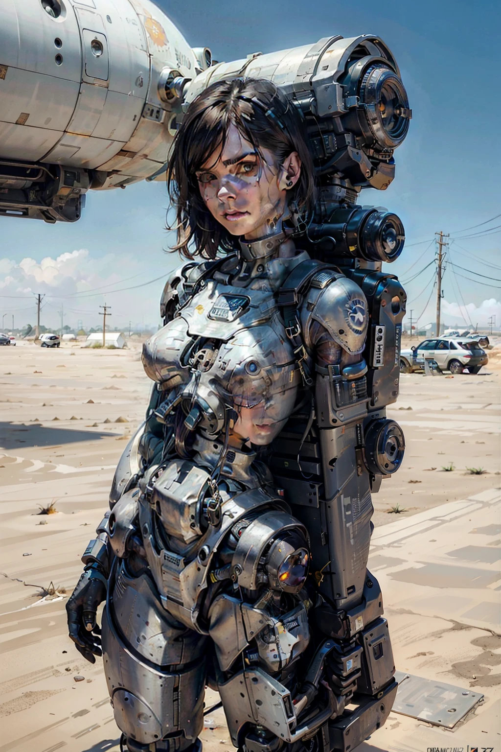 sandra bullock, (((21 years old))), cleavage, (cyborg:1.5), white desert, sunny, navel, wires, (zip ties:1.2), electrical tape, phaser arm, heterochromia, scramjet legs, rust