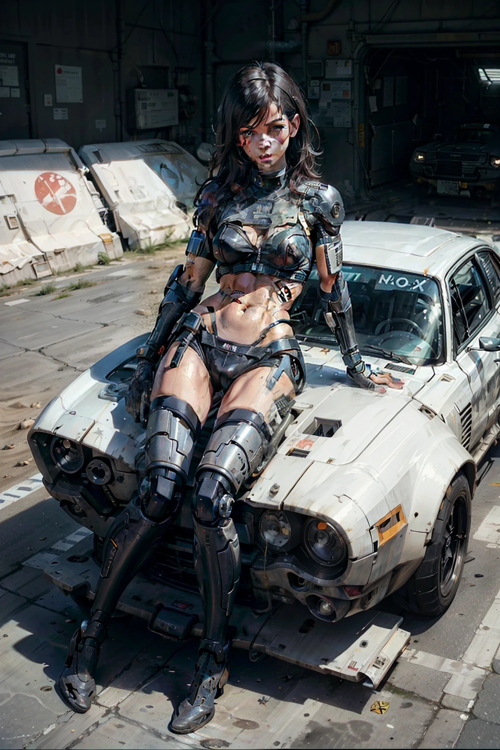 sandra bullock, (((21 years old))), cleavage, (cyborg:1.5), white desert, sunny, navel, wires, (zip ties:1.2), electrical tape, phaser arm, heterochromia, scramjet legs, rust