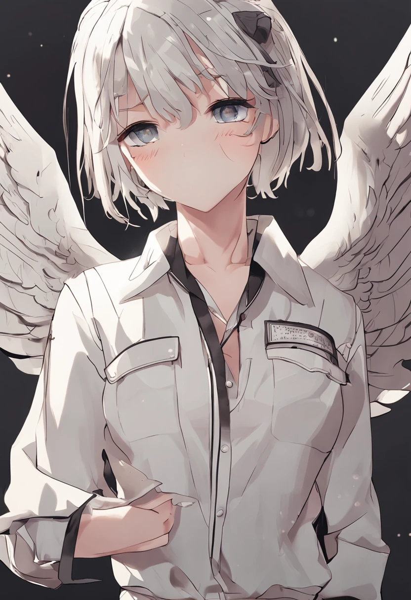 8k resolution,full body,POV,prefect face,female,girl,solo,angel,goddess,student,empty eyes,thick eyebrows,pout,serious,grin,short hair,white hair,hair bow,choker,white jacket,school uniform,angel wings