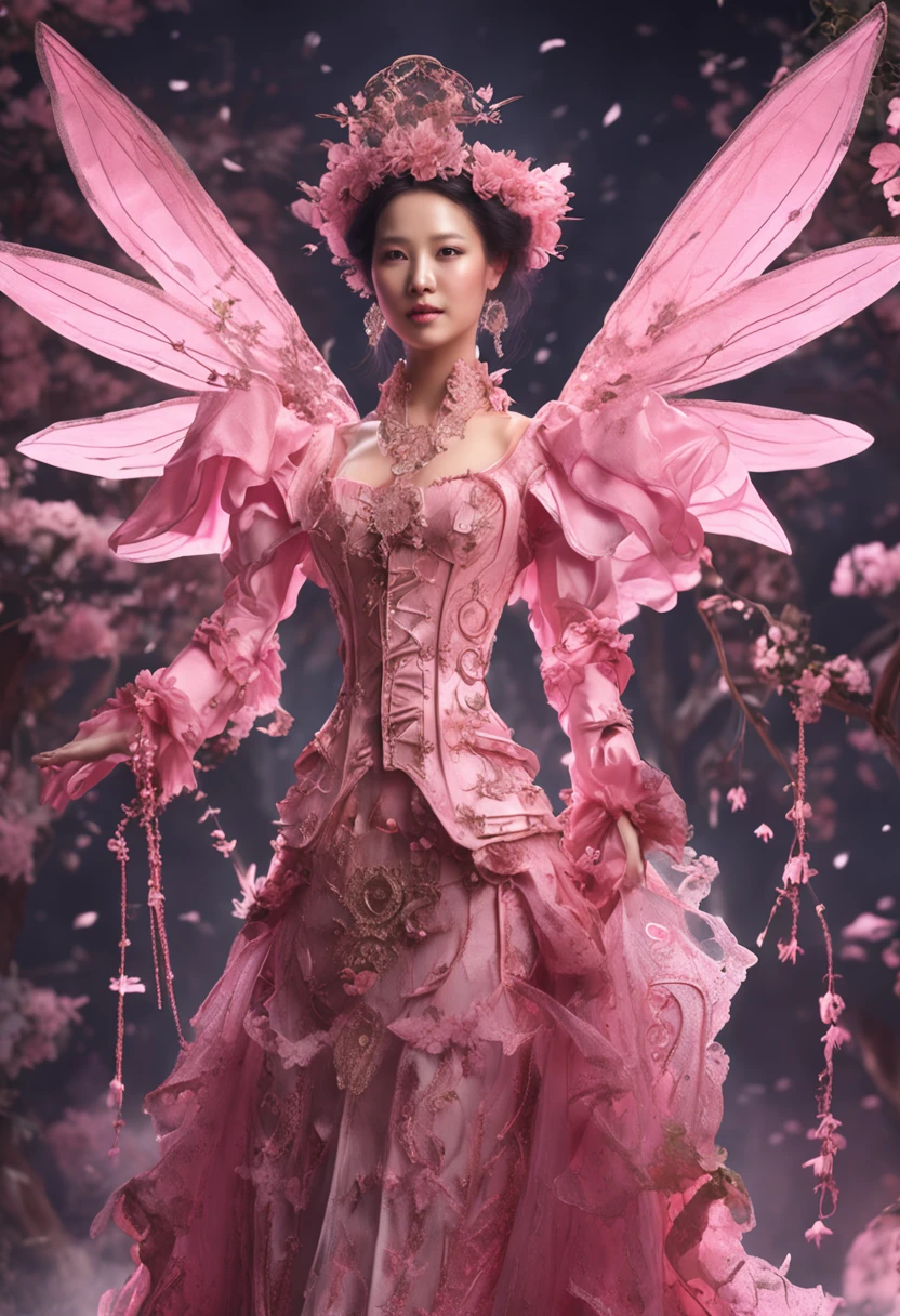 Amazing full body portrait of magical fantasy：Hong Kong star Lai Chi，Qiu Shuzhen，Leaf frieze，Three steampunk women in pink dresses and lace, The low-cut neckline accentuates femininity, Small ears, Brown hair, Ultra-clear face，Smiling happy, Dynamic pose, DnD, fantasy, Extreme detail, 4K, Ultra HD, trending on artstationh, Polished, Radiant, vibrant, Backlight, 8K Ultra HD, Unreal Engine 5 potions, intricately details, 3D video rendering