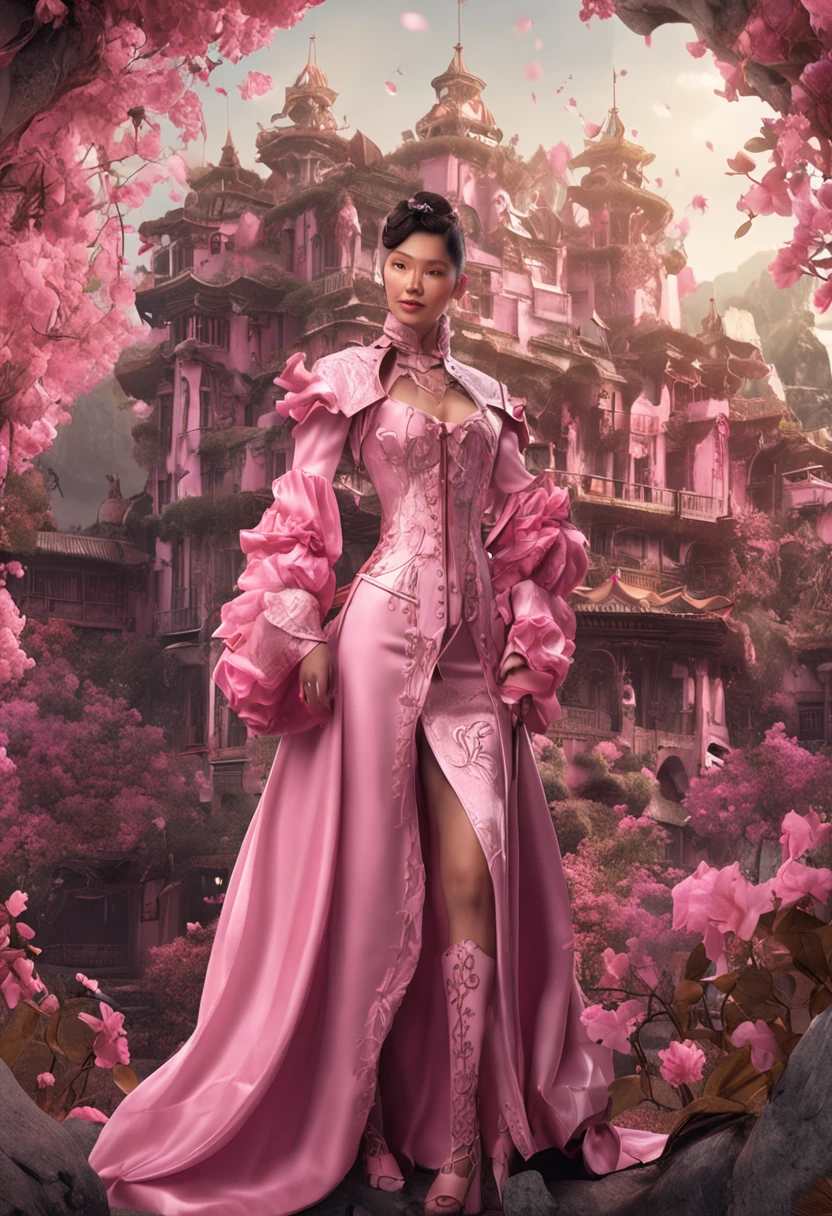 Amazing full body portrait of magical fantasy：Hong Kong star Lai Chi，Qiu Shuzhen，Leaf frieze，Three steampunk women in pink dresses and lace, The low-cut neckline accentuates femininity, Small ears, Brown hair, Ultra-clear face，Smiling happy, Dynamic pose, DnD, fantasy, Extreme detail, 4K, Ultra HD, trending on artstationh, Polished, Radiant, vibrant, Backlight, 8K Ultra HD, Unreal Engine 5 potions, intricately details, 3D video rendering