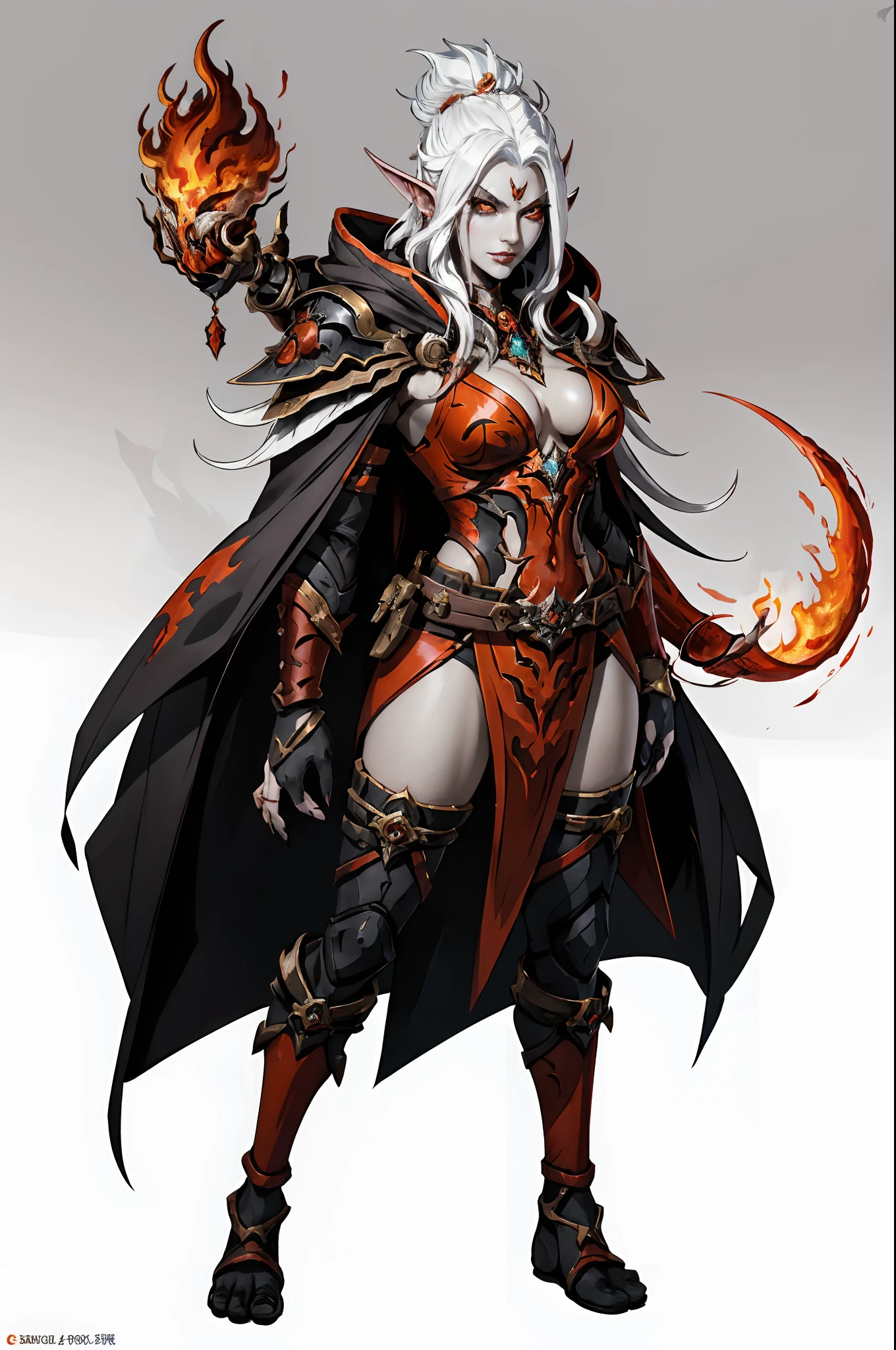 Game character, East Asian original art character design, (1girll, Full body standing painting,Solo),Savage、Cloak, Breasts, White hair, hooded cloaks, belt, Bare from leg to foot,red color eyes, with brown skin, Orange eyes, arma, Glowing eyes, Lips, ((very simple background))、(Game character design)、amazon warrior,Fire element chest shell,Spar jewelry,Female monsters、monster design,(the fire goddess,Lava elements blend in with clothes)、Cartoony、Beastman、Ivory ornaments、独奏、Fighting posture,Riot game concept art, ((Masterpiece, Best quality)), art of greg rutkowski, trending on artstationh