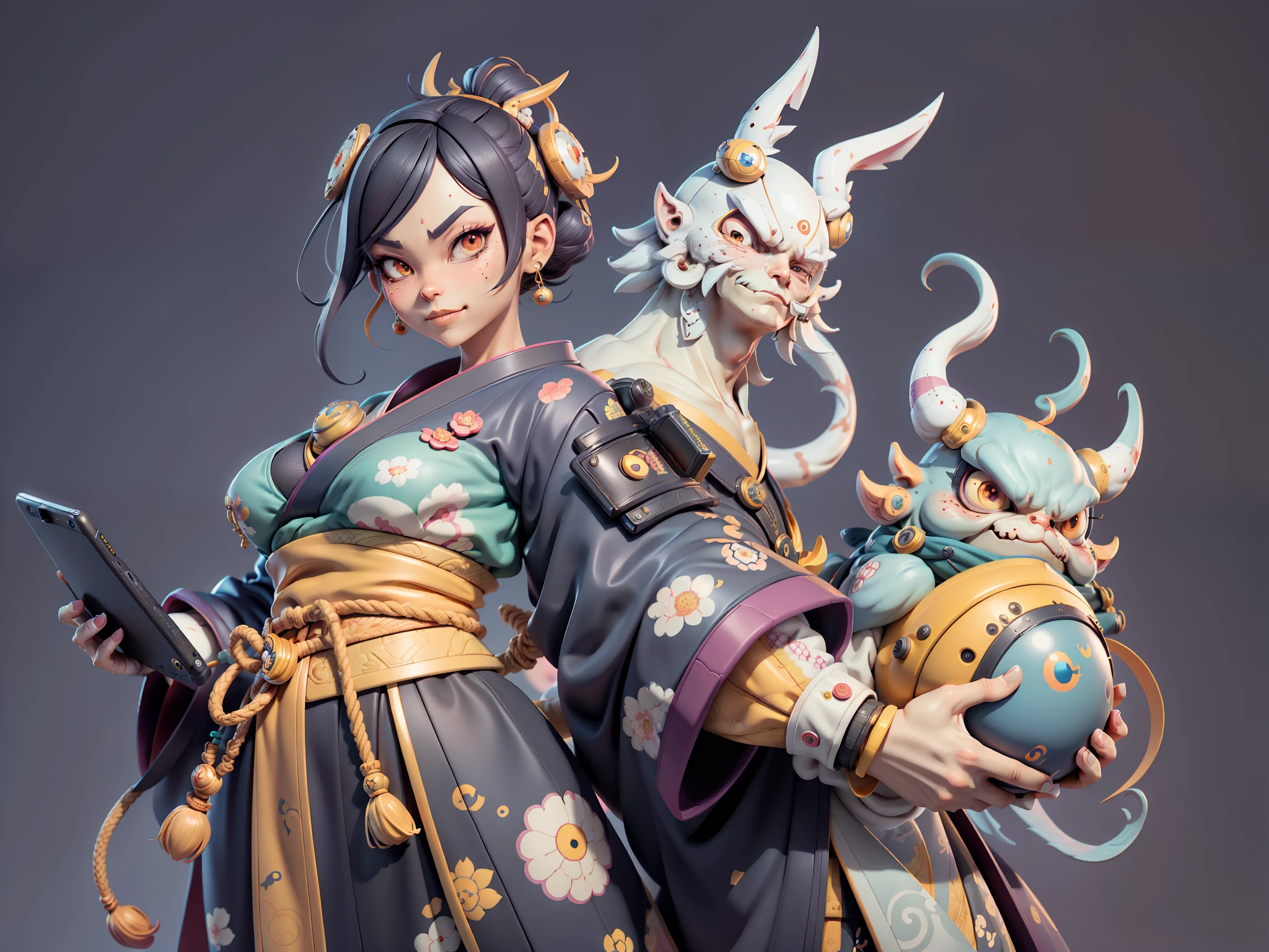 (Daisaku),(Need),(Super meticulous),(full bodyesbian:1.2),Japanese ukiyo-e girl,japanese geisha,Beautiful,Oriental dragon,Aeolian Thor,Raised sexy,爆乳,Oriental face,TV Anchor,Bust portrait illustration,Alone,In black suit,a blue tie,The face is slightly chubby,The face was clean,without a beard,Black super short hair,Black eyes,Smile confidently,3C computer sub-products,iPad, iphone,Digital painting,3D character design by Mark Clairen and Pixar and Hayao Miyazaki and Akira Toriyama,The illustration is a high-definition illustration in 4K resolution,With very detailed facial features and cartoon-style visuals。