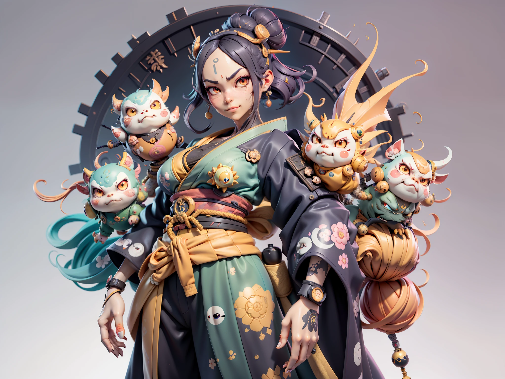 (Daisaku),(Need),(Super meticulous),(full bodyesbian:1.2),Japanese ukiyo-e girl，japanese geisha，Beautiful，Oriental dragon，Aeolian Thor，Raised sexy，爆乳，Oriental face，TV Anchor，Bust portrait illustration，Alone，In black suit，a blue tie，The face is slightly chubby，The face was clean，without a beard，Black super short hair，Black eyes，Smile confidently，3C computer sub-products，iPad， iphone，Digital painting，3D character design by Mark Clairen and Pixar and Hayao Miyazaki and Akira Toriyama，The illustration is a high-definition illustration in 4K resolution，With very detailed facial features and cartoon-style visuals。