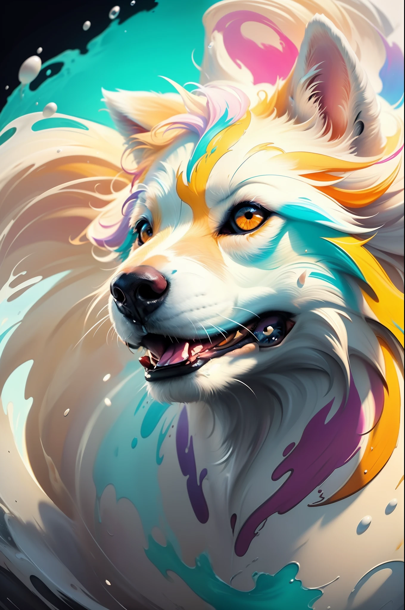 Splash Art, Samoyede faisant une pose de chien, dog face, content, affiche , (fond blanc), style splash de peinture coloful, contour, hyperdetailed intricately detailed, Moteur Unreal, fantastique, Complex detail, splash screen, complementary colors, Concept Art fantastique, 8k resolution, deviantart , Masterpiece, oil painting, traits lourds, peinture de peinture, goutte de peinture, splash arts, pastel colors, neons effect,