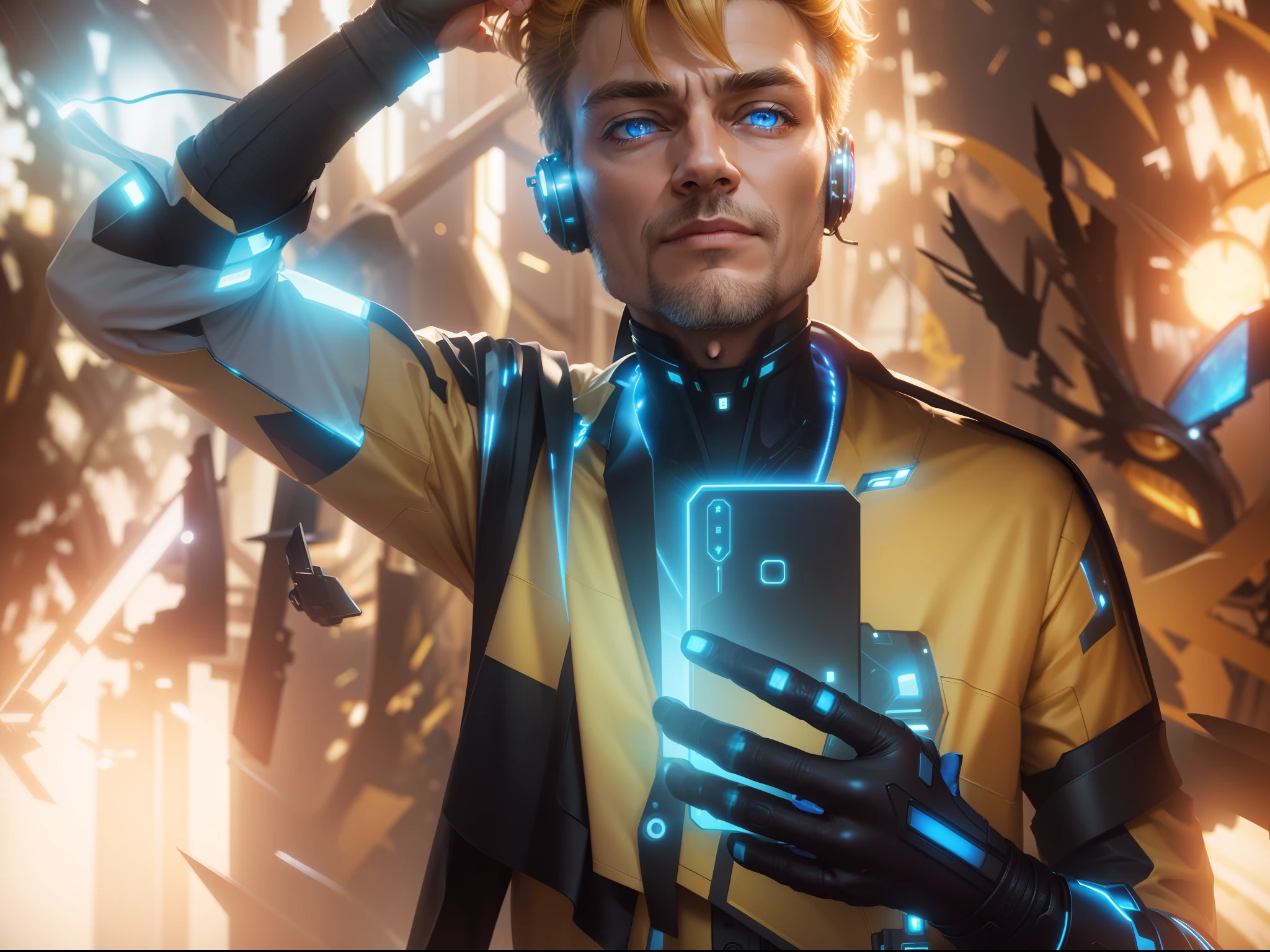 Absurdres, Intricate Details, Masterpiece, Best Quality, High Resolution, 8k), 1 male, european, mature, aged up, handsome, finely detailed eyes and face, yellow french crop hair, blue eyes,cyborg portrait, looking at viewer, solo, (full body:0.6), detailed background, close up, detailed face, futuristic glowing steel armor, high-tech, gadgets, advanced technology, nanotech, headset, head-up display, epic galactic spaceship in background, lens flare, neon lights, electricity, explosions, screens, cinematic atmosphere, Depth of Field, VFX.