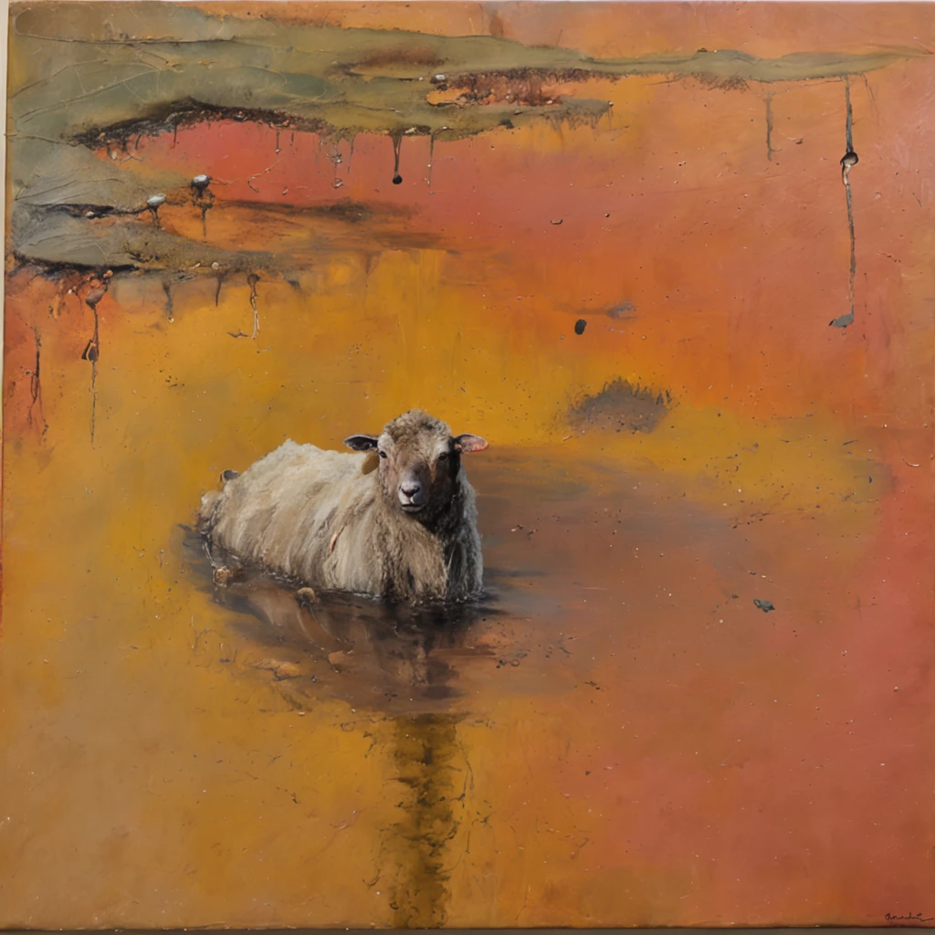 Jantar do primeiro trabalho, Foto premiada, There's a sheep (cordeiro) trapped in a small mud puddle, ovelha presa,