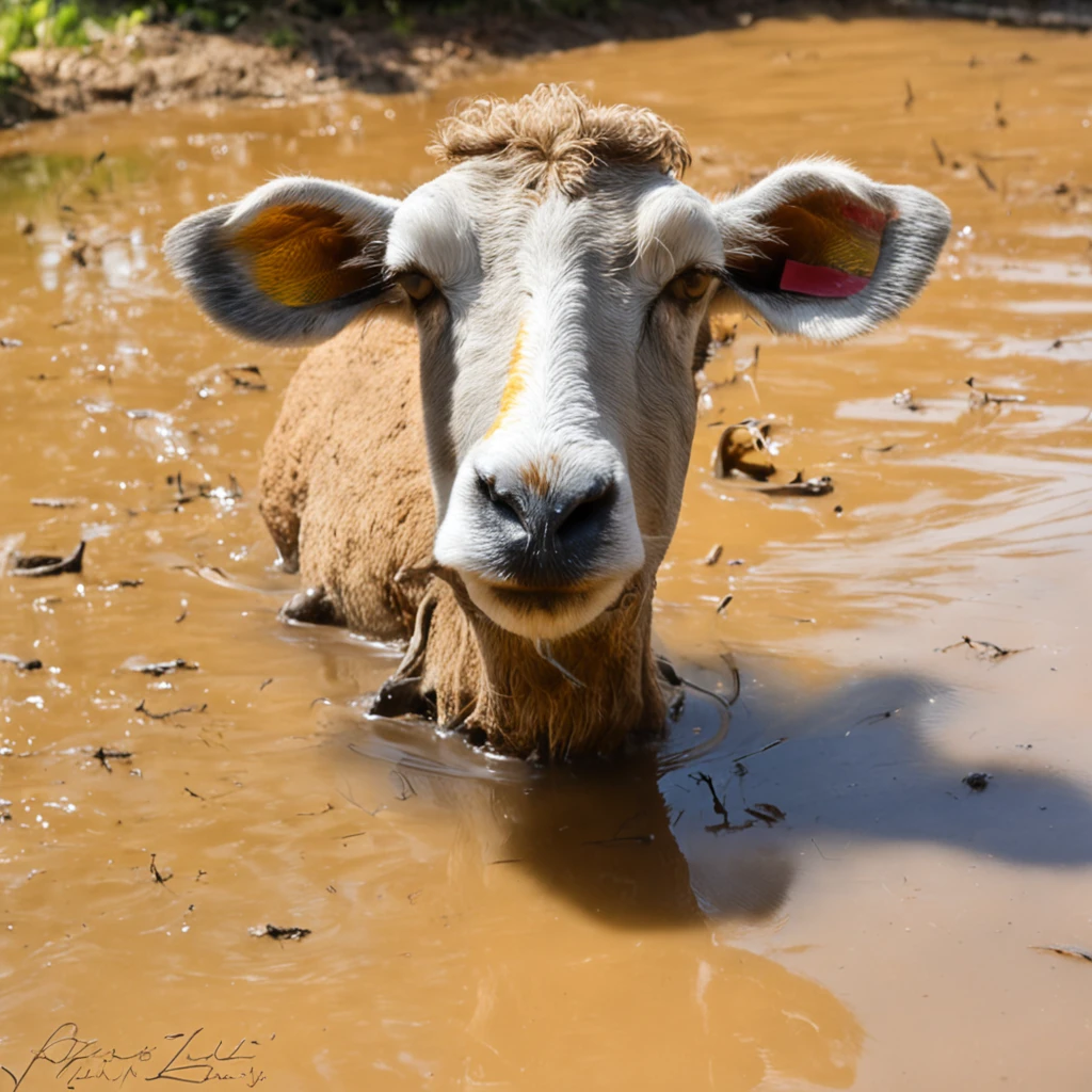 Jantar do primeiro trabalho, Foto premiada, There's a sheep (cordeiro) trapped in a small mud puddle, ovelha presa,