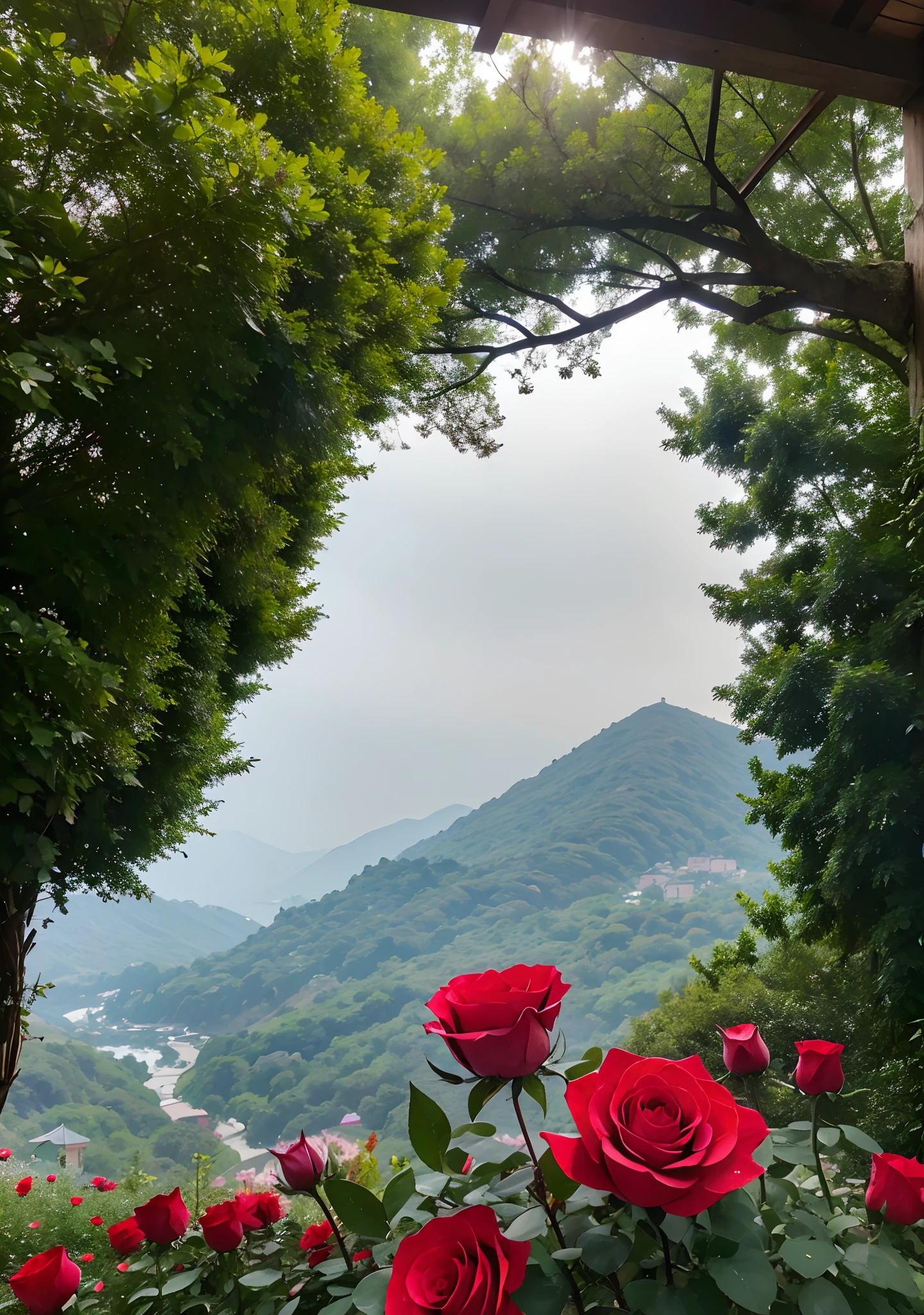 look from down, Above is the sky, morningglow, thin fog, In the distance are mountains, Below is the hillside, A red rose, Porcelain petals, There are crystal clear water droplets on the petals, （There are water droplets on the petals）, Green flowers and leaves, Water droplets on flowers and leaves, （Realiy）, Roses make up one-tenth, From below, Depth of field, High detail, back lit lighting, 4K, Masterpiece, ccurate, High quality