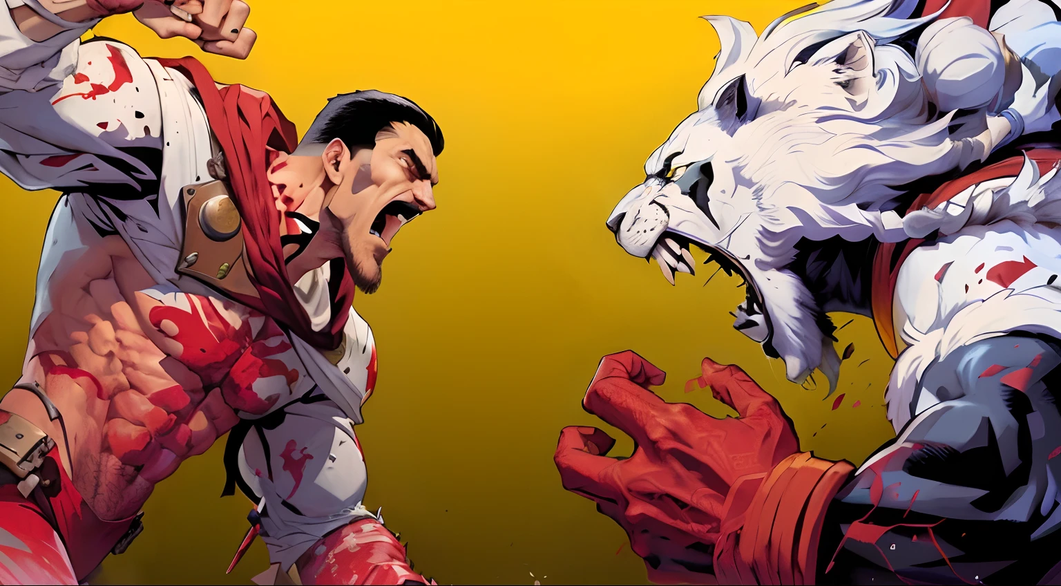 Man vs lion man are fighting over a dead man, epic comic book style, fistfighting demons, epic graphic novel wallpaper, Estilo Berserk, contraste, Estilo arzach de quadrinhos, luta de close-up, Berserk Estilo de Arte, imagem de estilo fantasia de luta, arte estilo quadrinhos, comics illustration, briga, estilo de quadrinhos, olhando para punho sangrento, fundo chamativo, fundo neon
