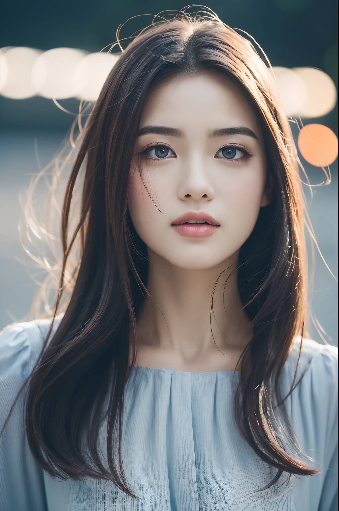 (8K, RAW photo, Photorealistic:1.25) ,( Gloss on lips,glossy finish, Glossy glossy skin, Best quality, 超A high resolution, color difference, Caustics, Wide light, naturalshadow) look with serenity and goddess-like bliss to the spectators,(depth of fields:1.6), (colorful unfocused lights on background:1.2) ,very natural make-up,Cloudy day shooting . slender eyes.downcast eyes. A distant look in her eyes、(Gorgeous summer dress)(Stylish professional model)、Radio City、Medium hair