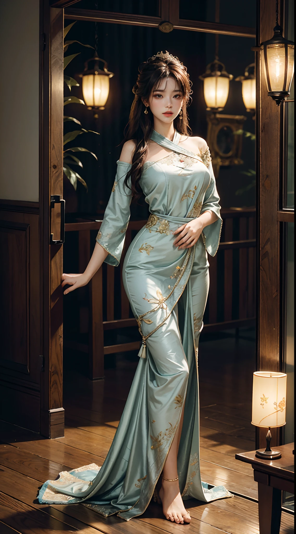 Art depicts a charming woman,exquisite facial features,Normal hands and feet,exquisite facial features,Dressed in a flowing manner、Silky traditional oriental dress,Decorated with intricate patterns and bright colors。Her dress draped elegantly over her curvy figure,Highlights her seductive silhouette。She stood gracefully in the quiet moonlit night,bathed in the soft glow of the moonlight。The scene exudes an ethereal and dreamy atmosphere,With a touch of mystery and sexiness。The image style incorporates watercolor and digital illustration techniques,It evokes a refined beauty and charm。The lights are filled with soft moonlight,casting soft highlights and shadows on her charming features。Bare thighs,Full body photo