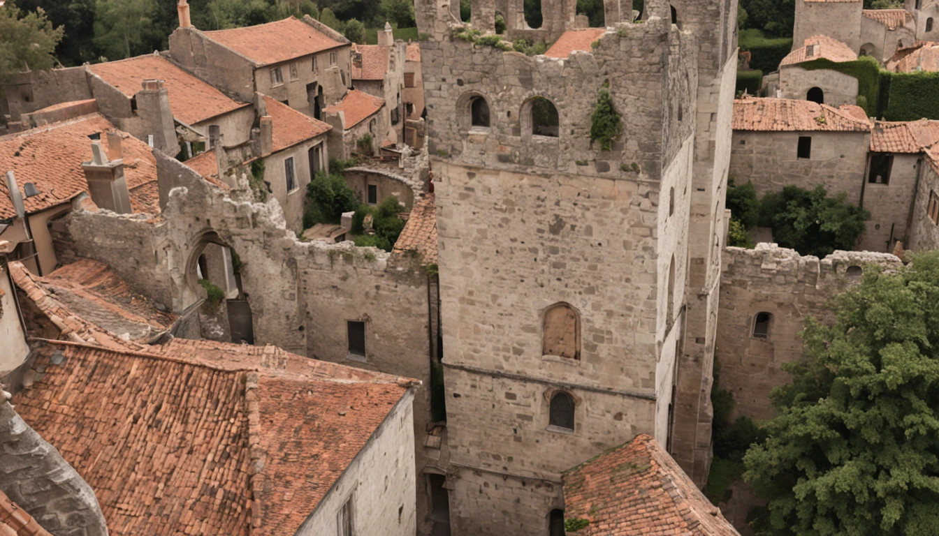 medieval ruins seen from above all in ancient stone narrow streets with quite curves large monumental houses with air Dark old very old detailing maximum perfection and reality