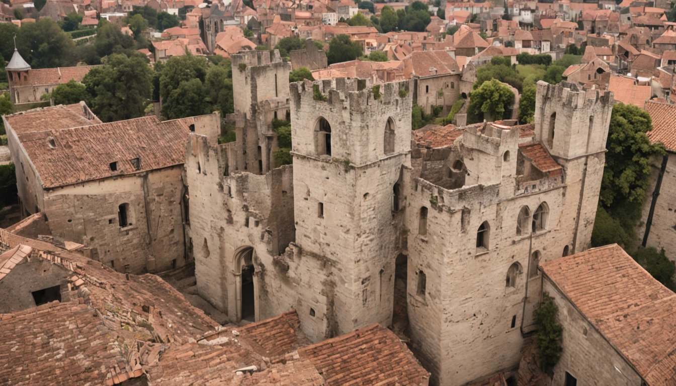 medieval ruins seen from above all in ancient stone narrow streets with quite curves large monumental houses with air Dark old very old detailing maximum perfection and reality