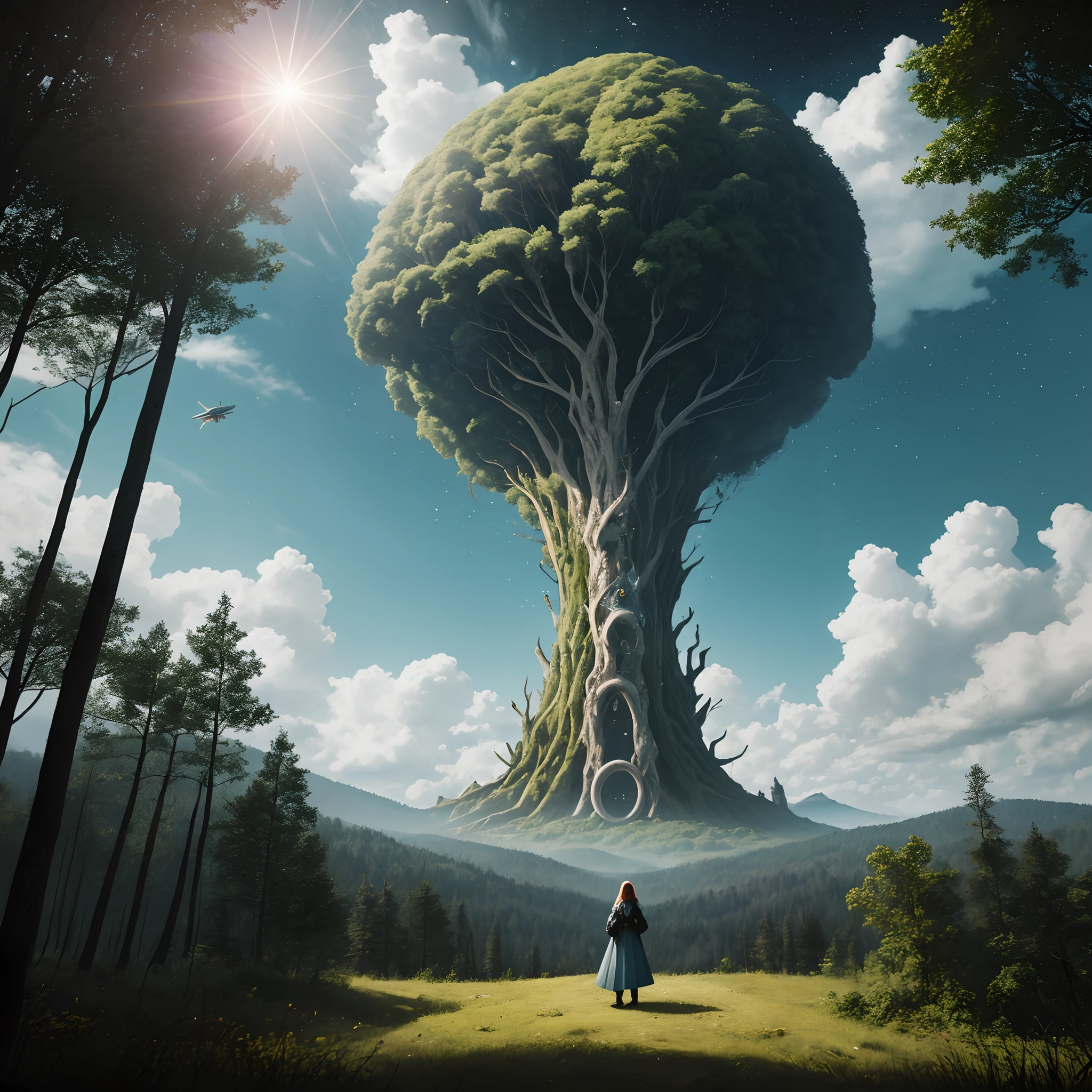 A girlis, who stands in the middle of a forest and is kidnapped by a gigantic alien in the sky Interstellar hyperrealism, Holosomnia, Affinity-Foto, von Fjodor Wassiljew, Anamorphotische Flares, Abduction, Baumstadt, Leuchtender Himmel, Entdecker, Dreamscape Architekt, Bela von Iványi-Grünwald, Yggdrasil, Kolossal, Balaskas