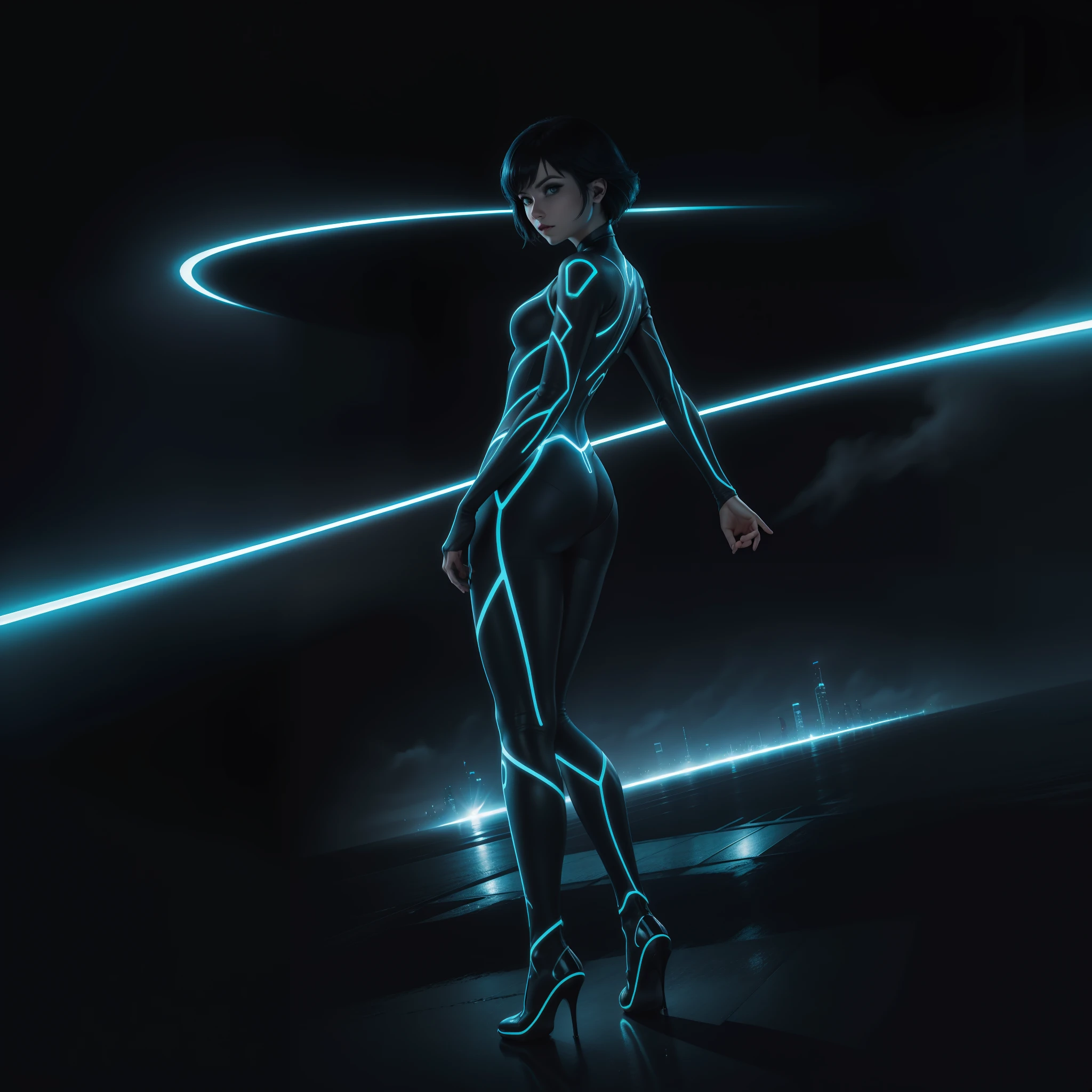 Tron Character Movie Woman Lora Woman Quorra, obra maestra, 4k, mejor calidad, rostros super detallado, vista desde atras, Tiro de panty, ropa transparente ajustada