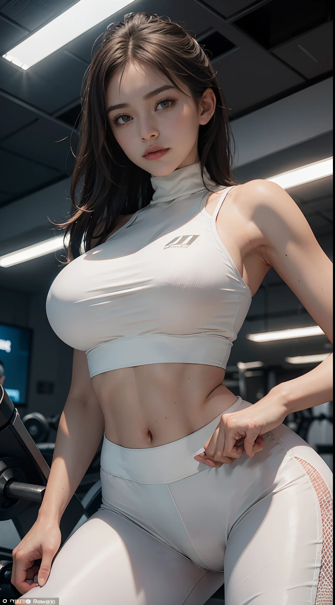 (best qualtiy)Meticulous sportswear girl,in the gym,Camel toes,Wear delicate white leggings and a sports bra with a turtleneck,Protruding lower abdominal muscles,And add a cinematic touch to the scenes in the super movie,huge tit,Film lighting completes the overall atmosphere。