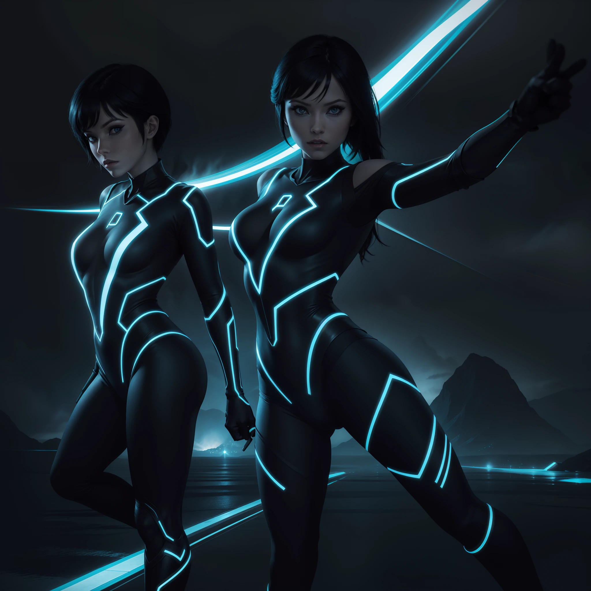 Tron Character Movie Woman Lora Woman Quorra, obra maestra, 4k, mejor calidad, rostros super detallado, vista desde atras, Tiro de panty, ropa transparente ajustada