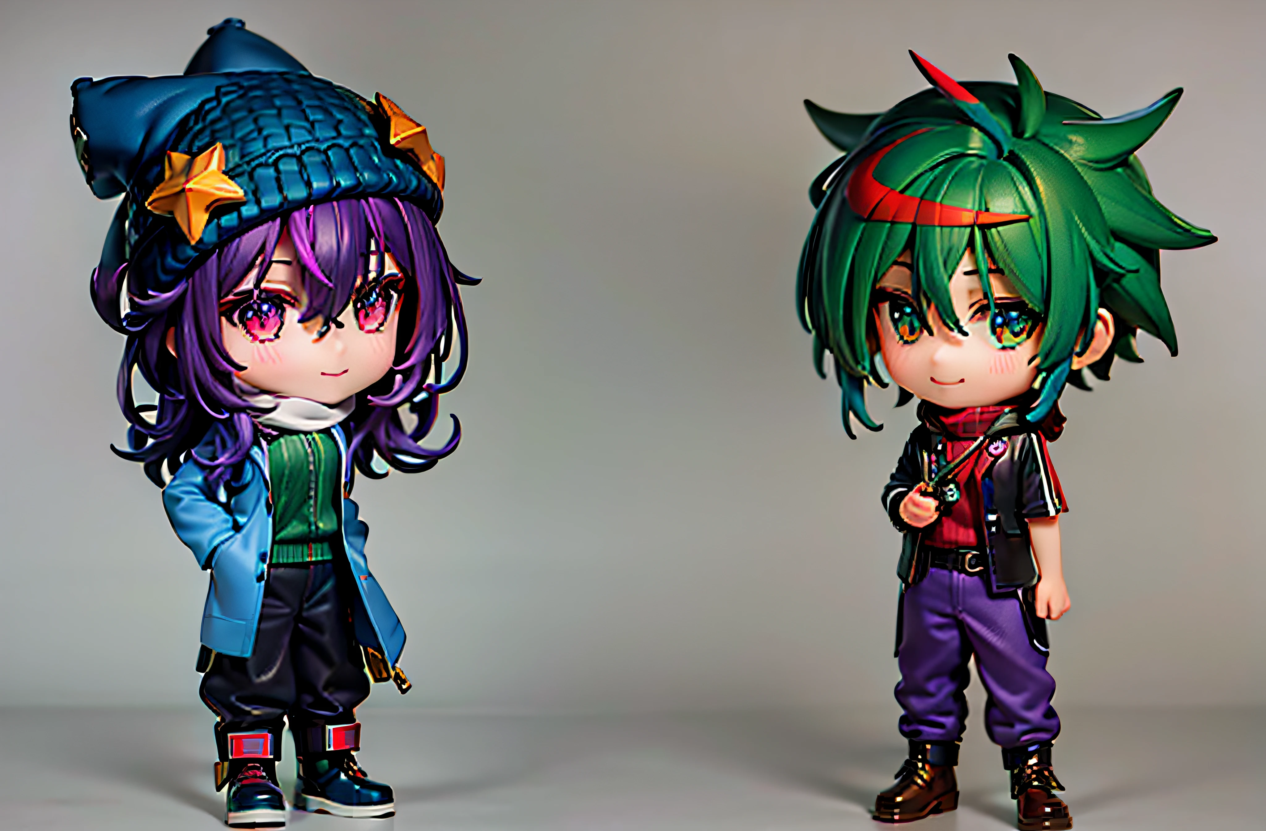 high res, high quality, ultrasharp, 8K, masterpiece, a girl with long dark purple hair wearing light cyan sweater and long pants and blue winter hat with a boy with short dark green hair with a red streak in the hair and brown jacket and purple long pants and red eyes smiling with a serious expression.