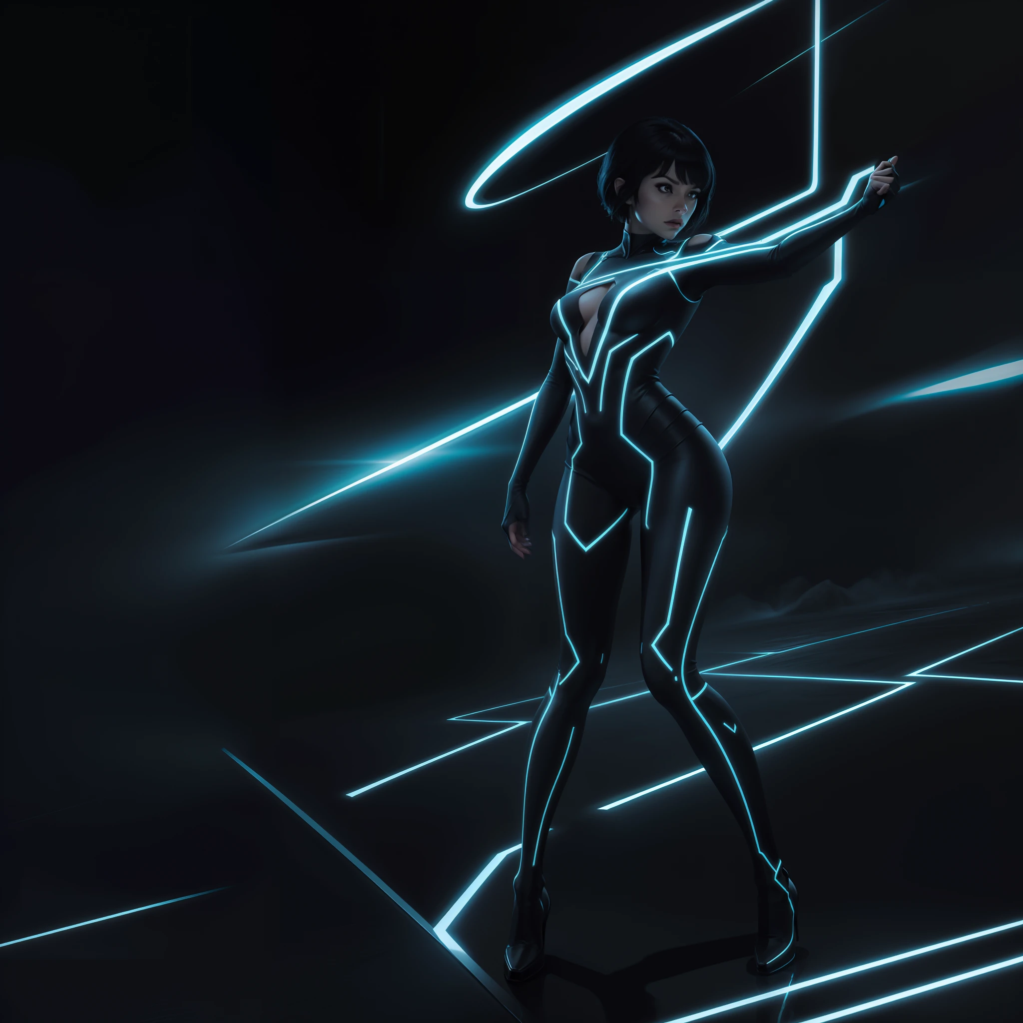 Tron Character Movie Woman Lora Woman Quorra, obra maestra, 4k, mejor calidad, rostros super detallado, vista desde atras, Tiro de panty, ropa transparente ajustada