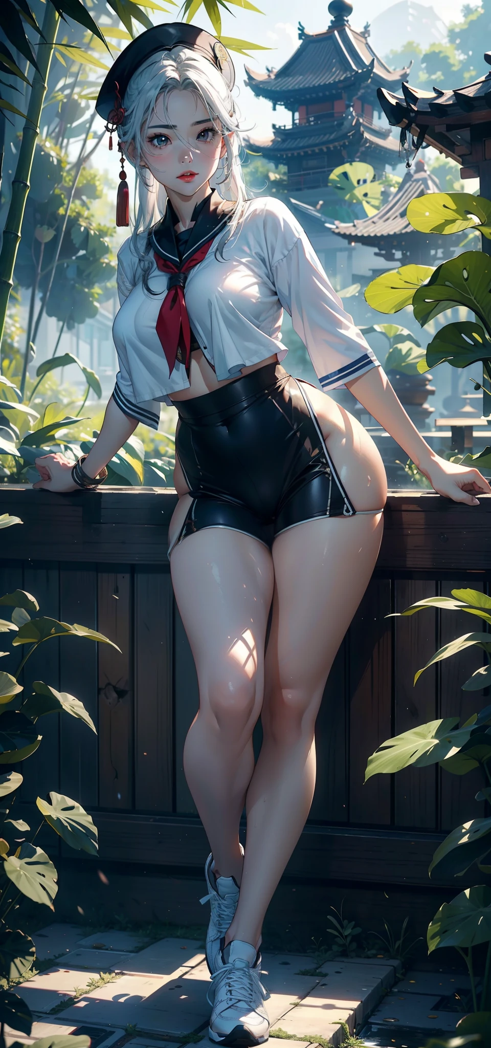 1female,35yo,熟妇,long leges,Big breasts Thin waist,Slim,huge-breasted ,Pornographic exposure, 独奏,(Background with:bamboo forrest,lotuses,lotus flower,exteriors,Lotus pond) She has short silver-white hair,standing on your feet,Sweat profusely,drenched all over the body,seen from the front, hair straight, mostly cloudy sky,(((tmasterpiece),(Very detailed CG unity 8K wallpaper),best qualtiy,cinmatic lighting,detailed back ground,beatiful detailed eyes,Bright pupils,Black eyes,(Very fine and beautiful),(Beautiful and detailed eye description),ultra - detailed,tmasterpiece,)),facing at camera,A high resolution,ultra - detailed),revealing breasts,Bare genitalia, Bulge,legs are open,Raised sexy,Camel toes,Flushed complexion,Open-mouthed,frontage,high school senior,Sailor's cap(Wearing:Chinese Ancient Times,Sailor uniform,athletic sneakers)Full body photo,Show shoes