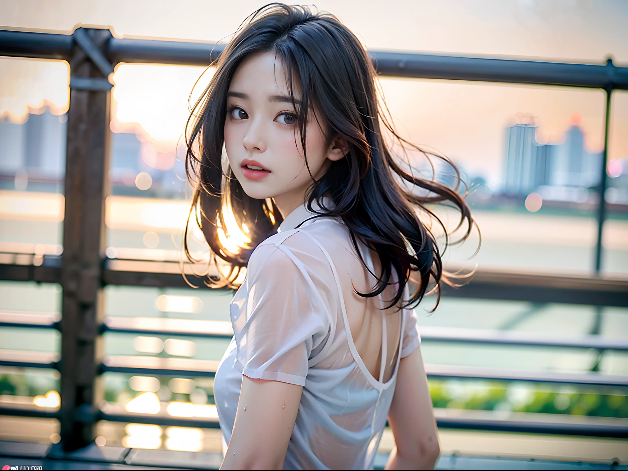 (8K, Best quality, Masterpiece:1.2), (Realistic, photo-realistic:1.37), Ultra-detailed,Best quality, 超高分辨率, Professional lighting, photon maping, Radio City, Physically-based rendering, Cinematic lighting, Clear sky,
basketball playground,Depth of field, Sharp focus,rays of sunshine, well-composed,(Bokeh:1.2)
1girll,Solo,(full bodyesbian), (Closed mouth),Beautiful detailed eyes, Pose, Narrow waist, Pink and white shirt, Lace skirt,,Put your hands behind you,Place your hands on your back
brunette,Messy hair,long hair floating in the wind,(Ulzzang-6500:1.2), , (Rained, See-through, Wet shirt, Wet hair, Wet clothes:1.2),