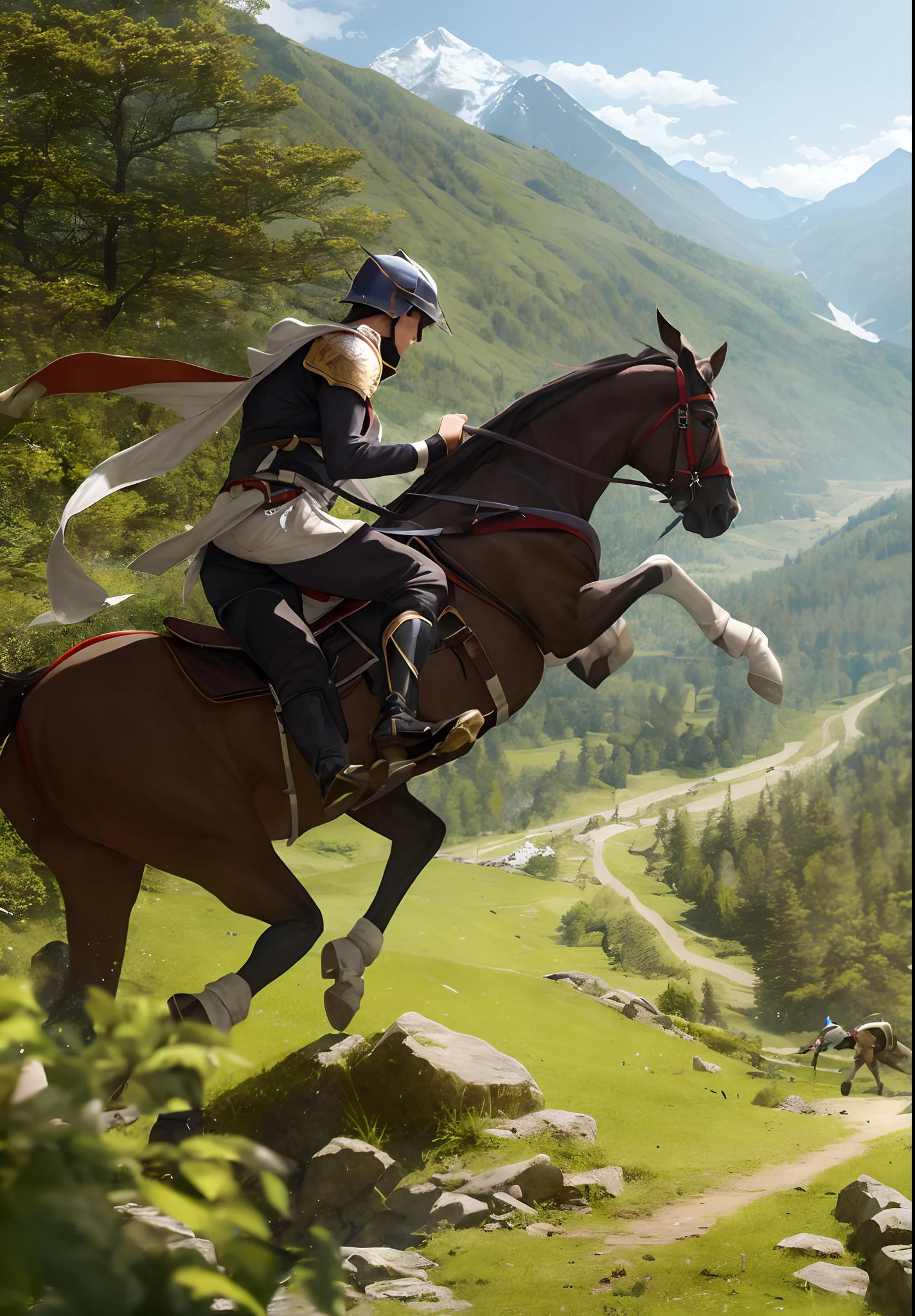 Two knights fight in the mountains during the day