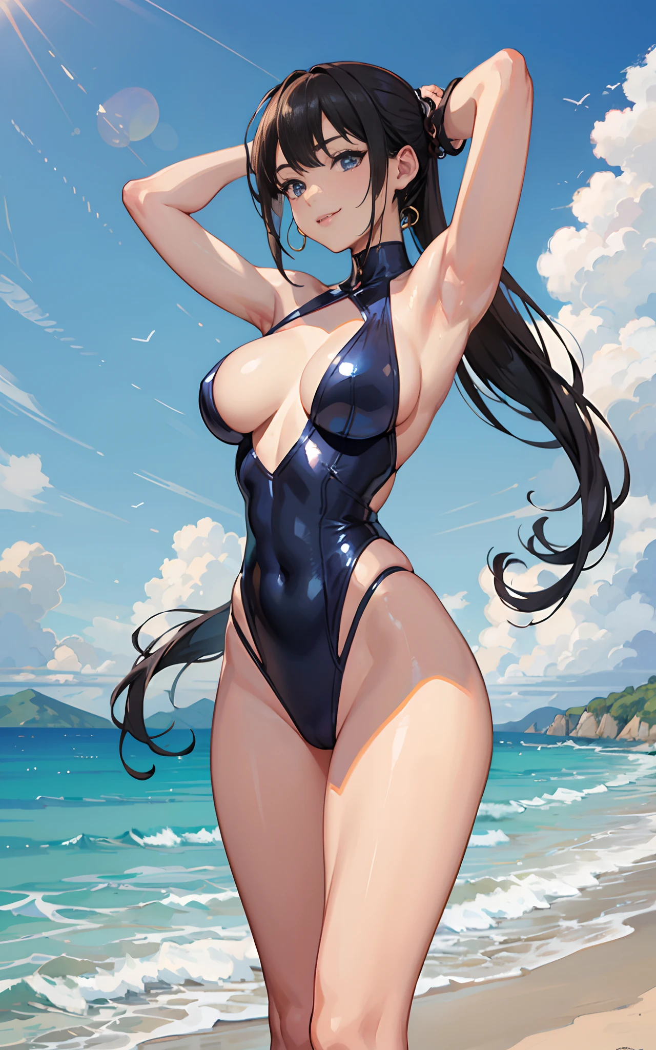 (RAW Photos: 1.2), (Photorealistic: 1.4), (Masterpieces: 1.3), (Best Quality: 1.4), Ultra High Resolution, Landscape, Solo Focus, (Detailed Eyes), (Detailed Facial Features), (Detailed Clothing Features), Tight Skin, (Shiny Skin), (One Girl, Solo), Happy, Smile, Bob Hair, chun-li costume, (Erection, Appearance, Streak), Waist Shot