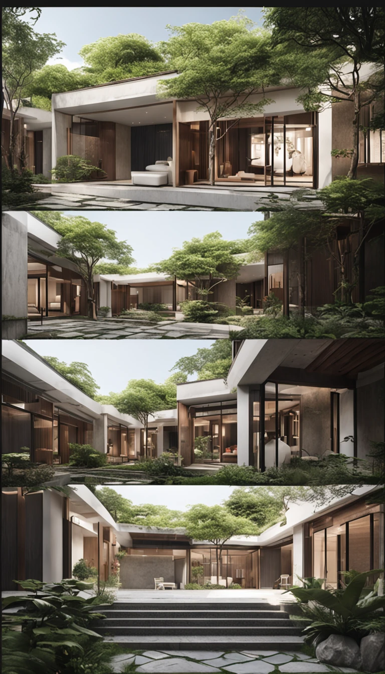After entering the courtyard，You will see a spacious and neat courtyard。The floor of the courtyard is paved with stone slabs，It is surrounded by a well-manicured lawn。Various greenery is planted in the corners of the courtyard，Such as flowers and plants、bamboo and small trees, etc。The greenery is growing well，It gives the courtyard a fresh atmosphere and a natural beauty。In the center of the courtyard，There is some simple but comfortable outdoor furniture，For people to rest、Chat or read。
