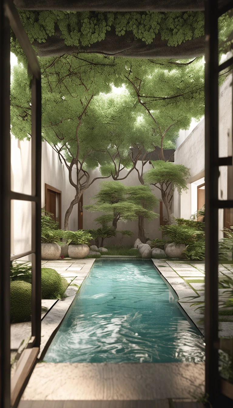 After entering the courtyard,You will see a spacious and neat courtyard。The floor of the courtyard is paved with stone slabs,It is surrounded by a well-manicured lawn。Various greenery is planted in the corners of the courtyard,Such as flowers and plants、bamboo and small trees, etc。The greenery is growing well,It gives the courtyard a fresh atmosphere and a natural beauty。In the center of the courtyard,There is some simple but comfortable outdoor furniture,For people to rest、Chat or read。