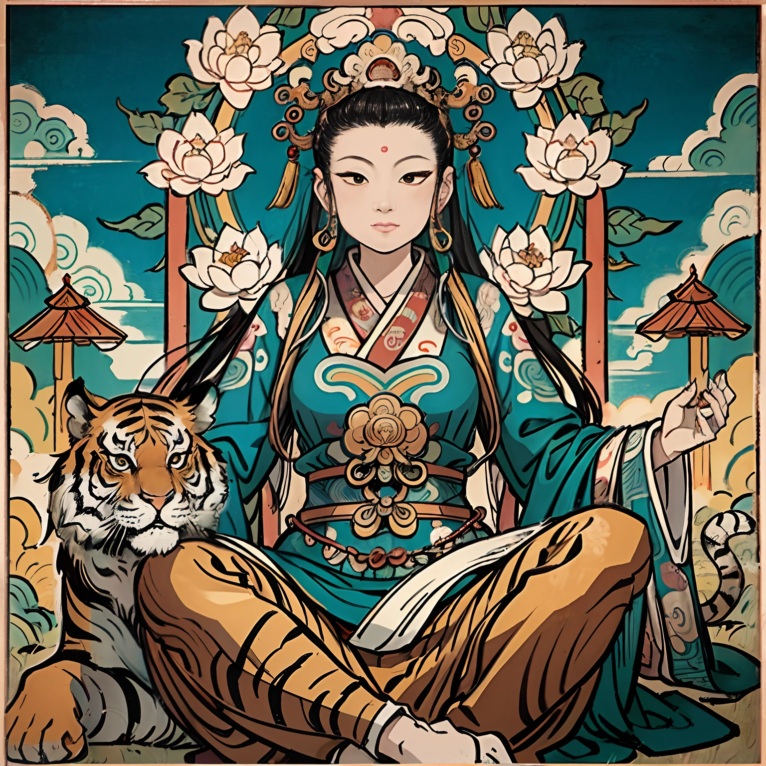 an ancient Chinese goddess, guanyin of the southern seas, Guanyin, Inspired by India, Avalokiteshvara rides a tiger，,Serene expression,shui mo hua,Buddha,Buddhist,Lotus,Chinese painting style,Thangka style