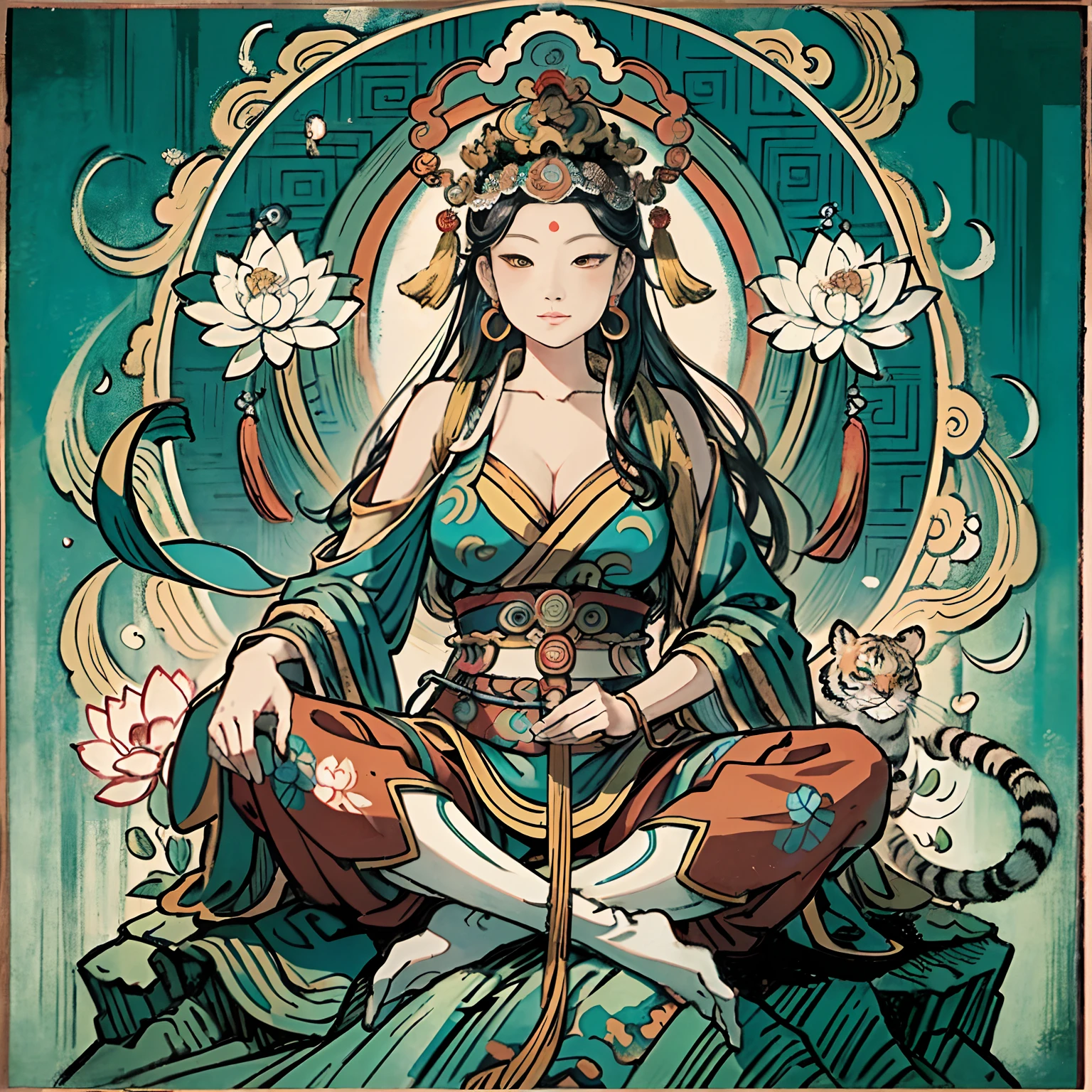an ancient Chinese goddess, guanyin of the southern seas, Guanyin, Inspired by India, Avalokiteshvara rides a tiger，,Serene expression,shui mo hua,Buddha,Buddhist,Lotus,Chinese painting style,Thangka style