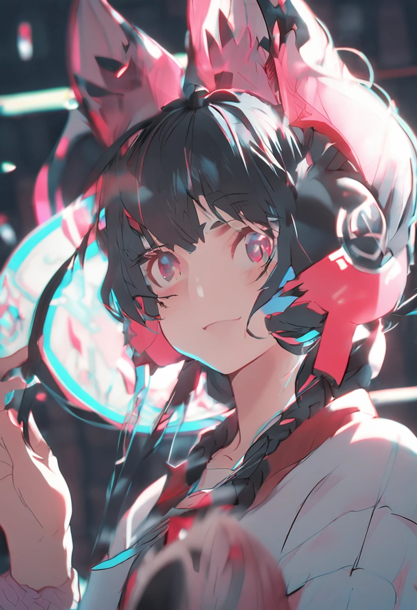 Black hair, hair bobbles, long eyelasher, solid circle eyes, Light smile, Ear blush, Fang, Animal ears, shadowing, anaglyph, stereograms, tachi-e, angle of view, Atmospheric perspective, 8K, Super detail, ccurate, Best quality, Anatomically correct, Super detail, Best quality, A high resolution
