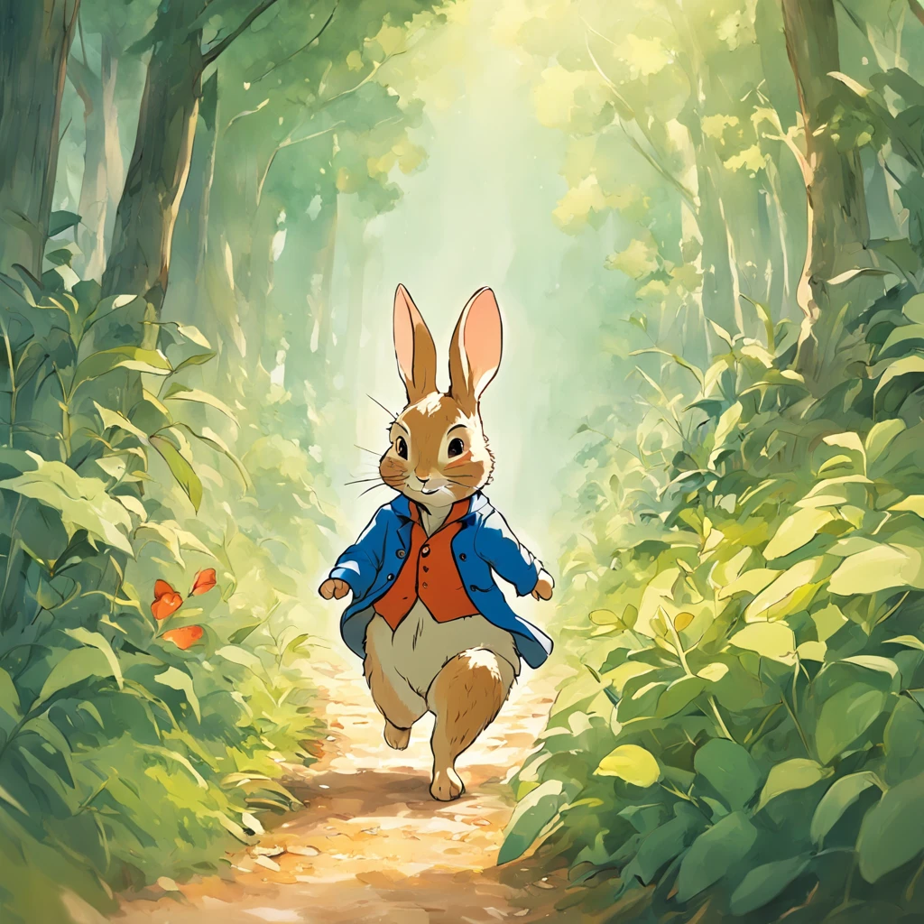 Tourism illustration Peter Rabbit, running, many plants, many colors, white background, Tourism illustration, simple shape, flat design, minimalist style chao100