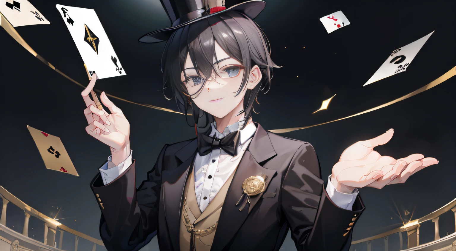A middle-aged man,Thick black hair,Small Bazi Hu,blackigeyes,Top hat,Gold thread monocle,High end long suit dress,The cards,Flight card,magister,thief,Mysterious smile,Up to no good,male people,prime,high-necked,Wide-brimmed top hat,Opera house stage background,The environment is bleak,The show begins,left hand