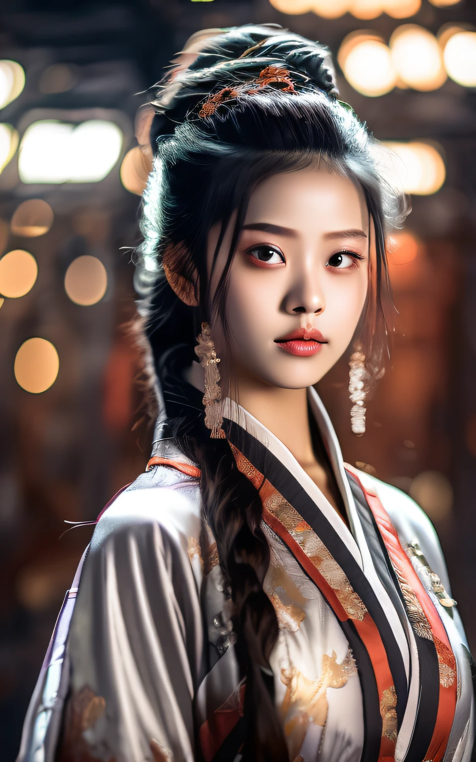 best quality, masterpiece, highres, wuxia 1girl,blush,(seductive smile:0.8),star-shaped pupils,china hanfu,hair ornament,necklace, jewelry,Beautiful face,upon_body, tyndall effect,photorealistic, dark studio, rim lighting, two tone lighting,(high detailed skin:1.2), 8k uhd, dslr, soft lighting, high quality, volumetric lighting, candid, Photograph, high resolution, 4k, 8k, Bokeh