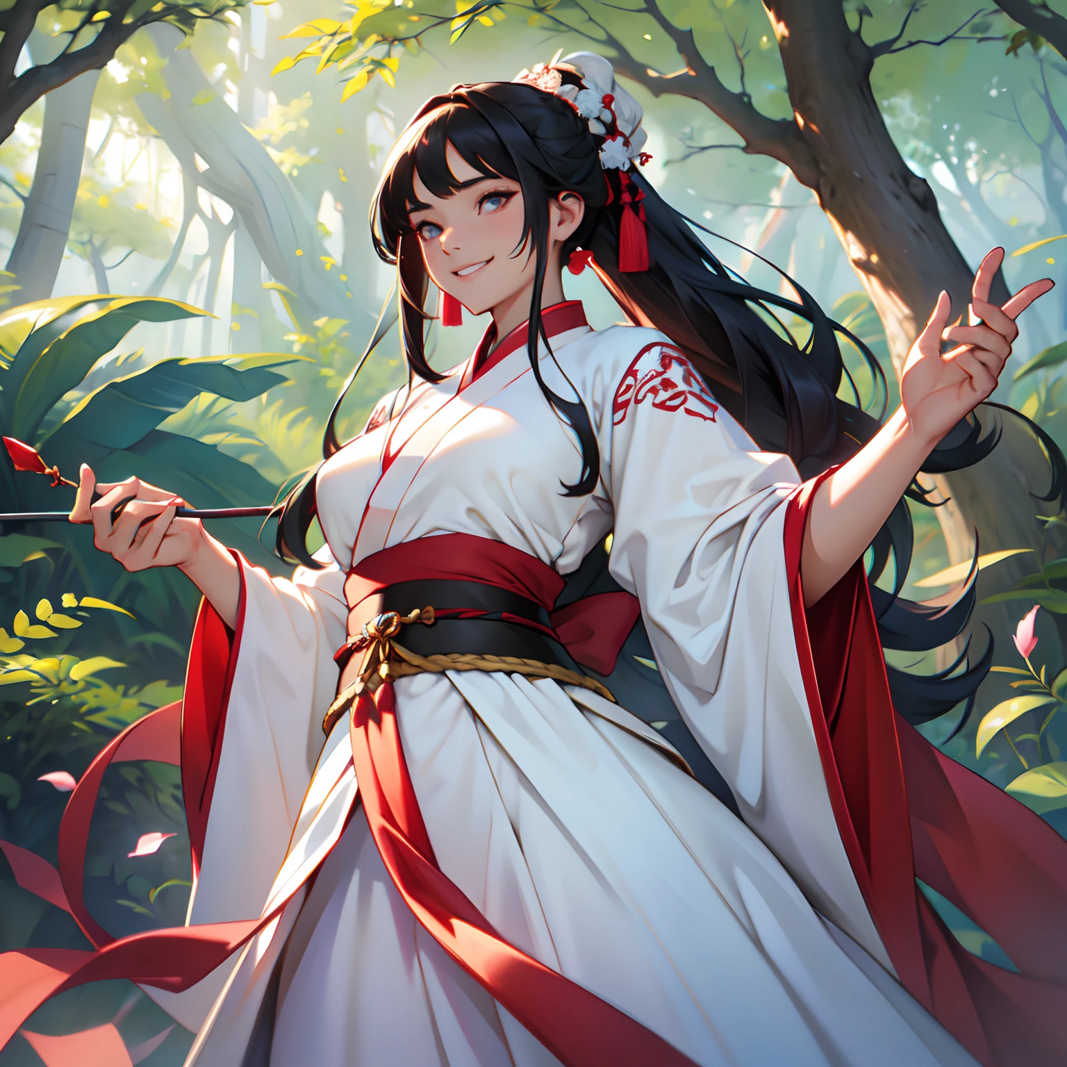 Uma mulher, (feminina), usa Hanfu vermelho, bonita, um sorriso malicioso, cabelo branco longo, seios grandes, voluptuosos, Hanfu, antigo, fundo da corte, standing on her feet, corpo inteiro, showing off with a whip in his hands from under a large tree