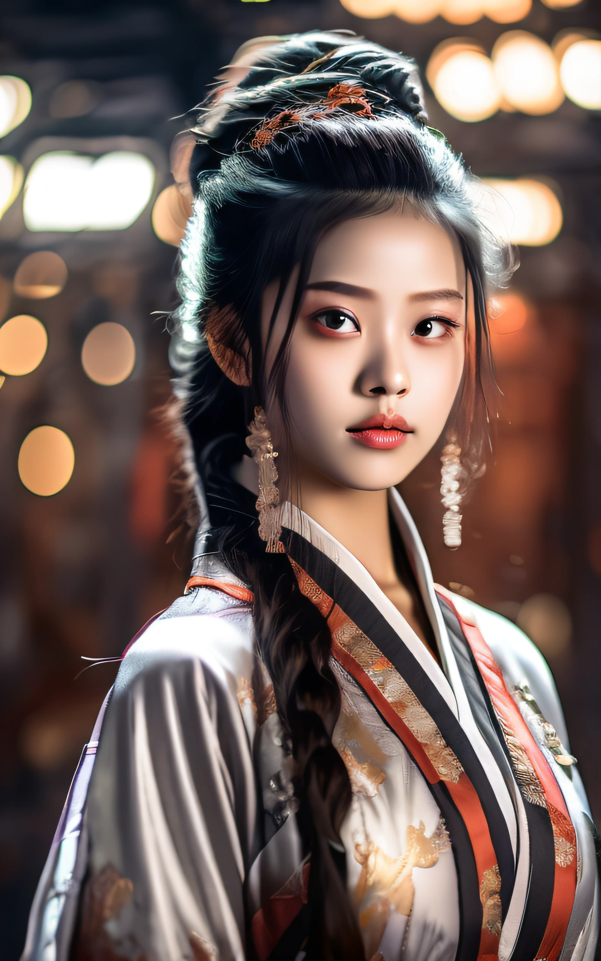 best quality, masterpiece, highres, wuxia 1girl,blush,(seductive smile:0.8),star-shaped pupils,china hanfu,hair ornament,necklace, jewelry,Beautiful face,upon_body, tyndall effect,photorealistic, dark studio, rim lighting, two tone lighting,(high detailed skin:1.2), 8k uhd, dslr, soft lighting, high quality, volumetric lighting, candid, Photograph, high resolution, 4k, 8k, Bokeh